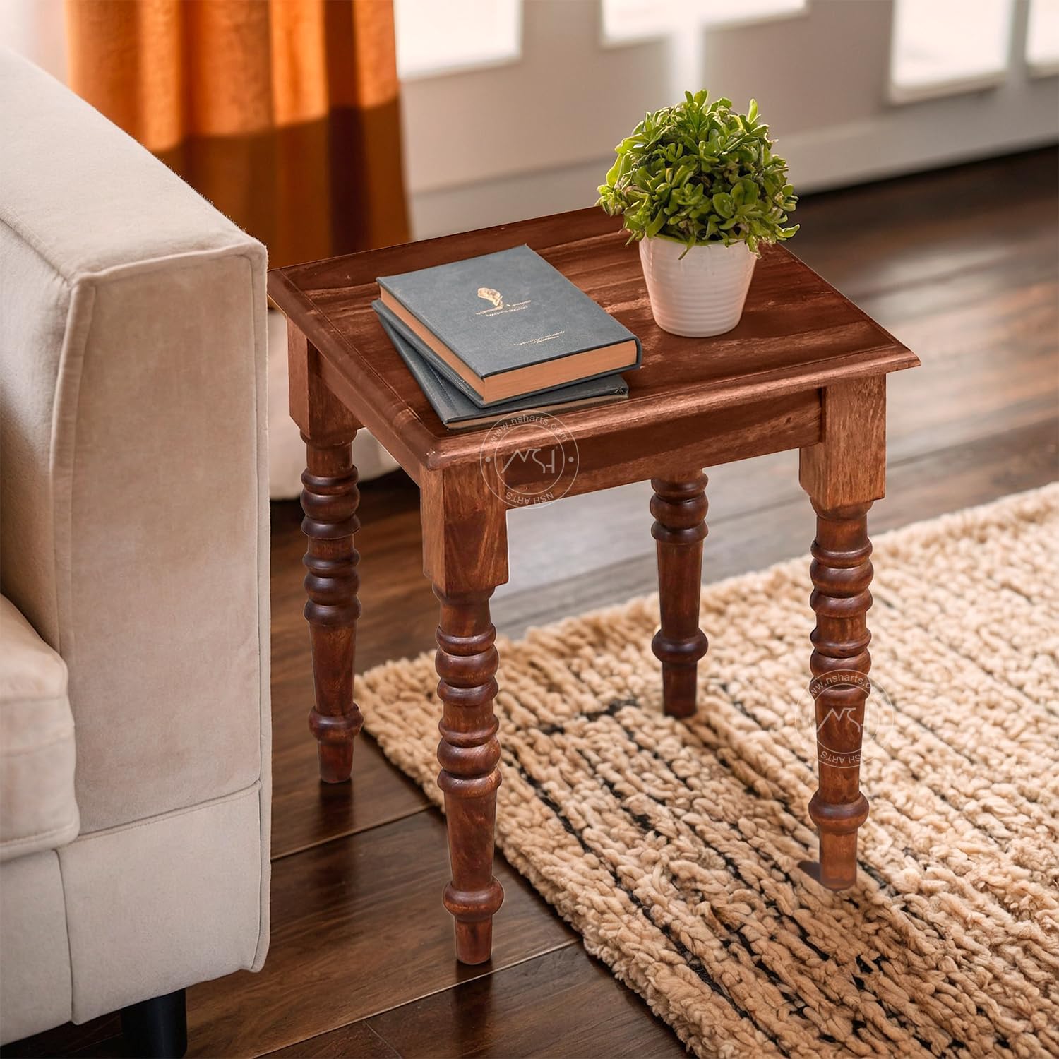 NSH Solid Sheesham Wood Square Top Multipurpose Table Stool | Pre-Assembled, Ideal Corner Table Stool for Home, Kitchen, Living Room, Bedroom | Honey Finish, 1 Wooden Side Table-image-43