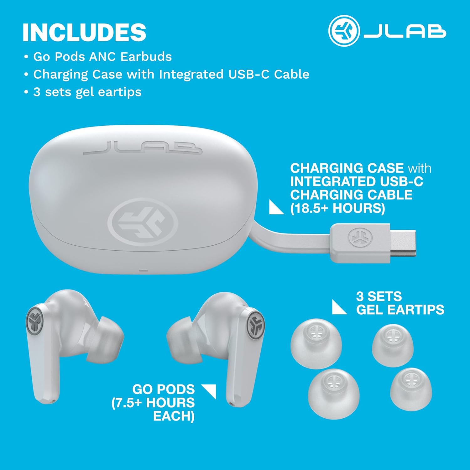 JLab Go Pods ANC True Wireless Bluetooth Earbuds & Charging Case, Hybrid Active Noise canceling + Be Aware for Safe Listening, 26+ Hours Total Playtime, Clear Calls, Custom Sound via App, Cloud White - Image 9