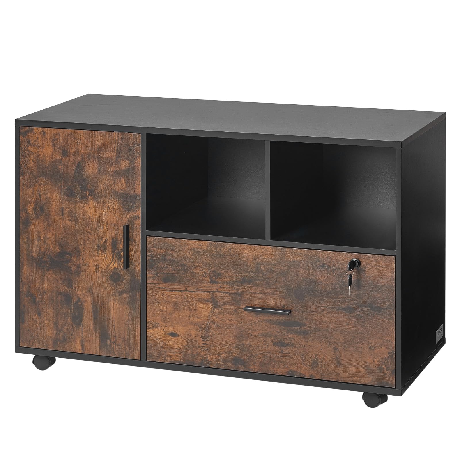 VEVOR Classeur Dossier Mobile en Bois, Meuble de Rangement de Bureau avec Étagères Ouvertes et Tiroir Verrouillable, Support d'Imprimante Autonome, pour Maison, Bureau, École, Marron Rustique