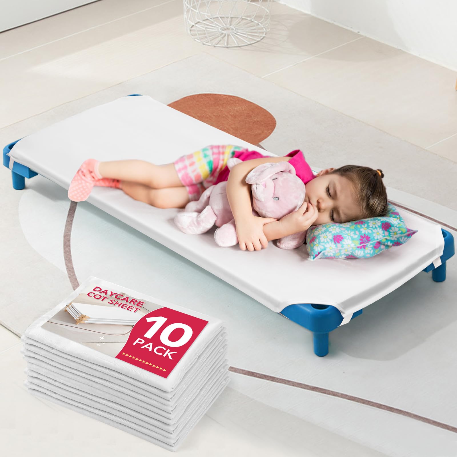 10 Pcs Cot Sheets for Daycare, 23" X 51", White Daycare Cot Size Sheet with Corner Elastic Loops for Child Boys Girls, Daycare Essentials for Toddler and Preschool