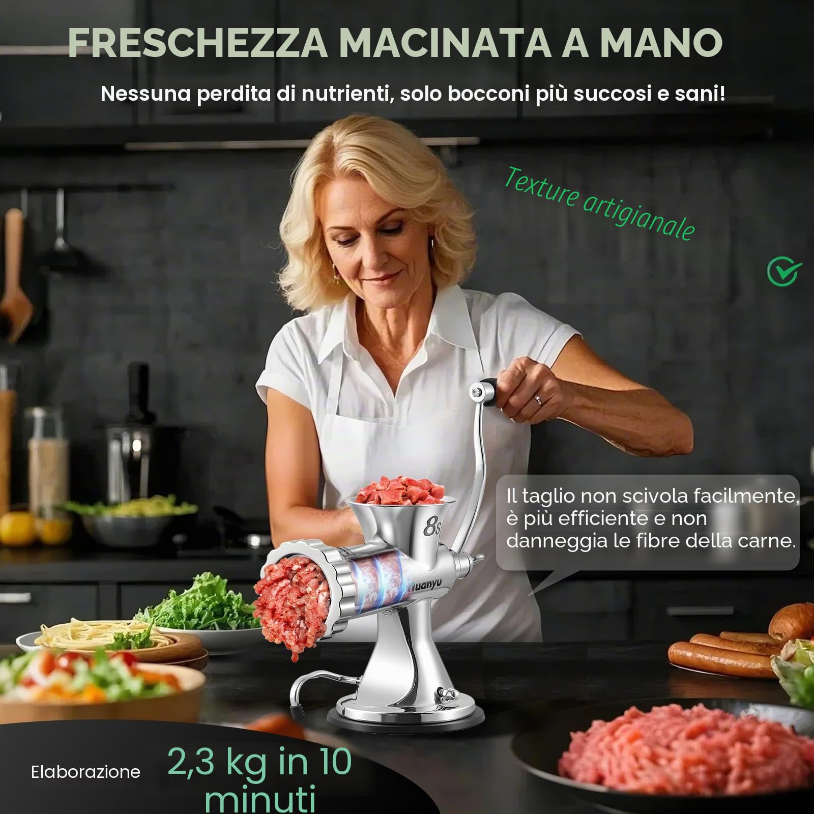 Huanyu Tritacarne manuale Tritacarne manuale in acciaio inox e salsicciaio Tritacarne manuale e tagliaverdure Tritacarne lavabile in lavastoviglie Dimensione 8s