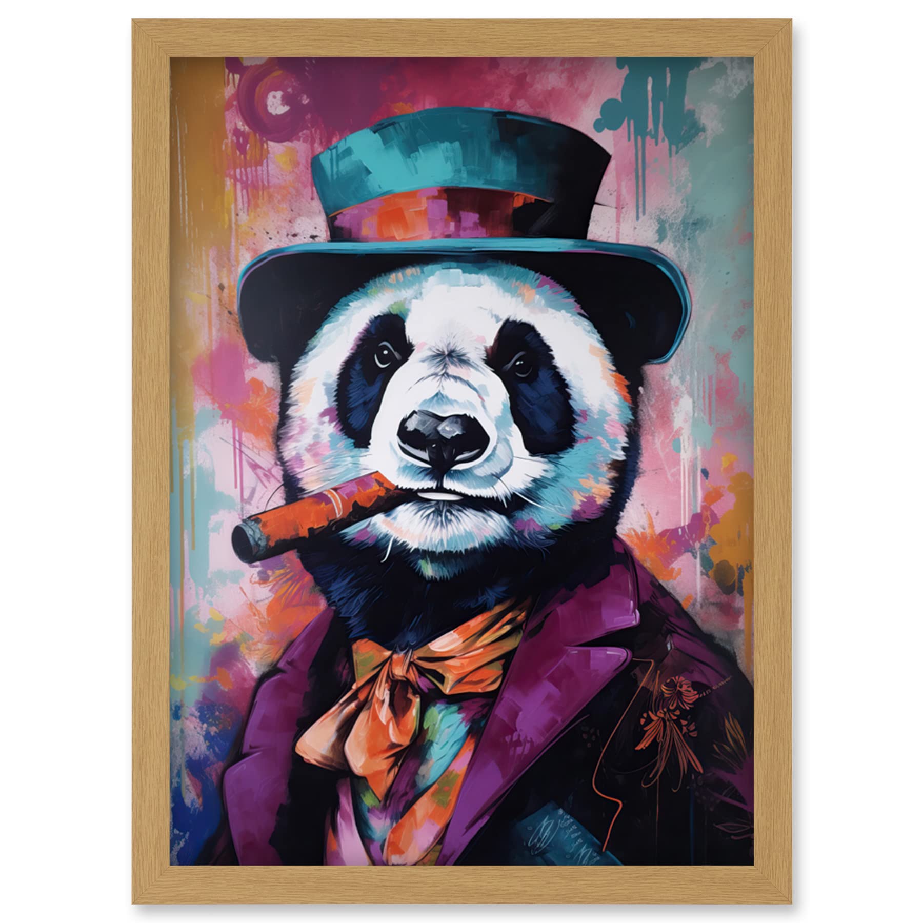 Artery8 Panda Portrait with Purple Suit Top Hat and Cigar Artwork Framed Wall Art Print A4