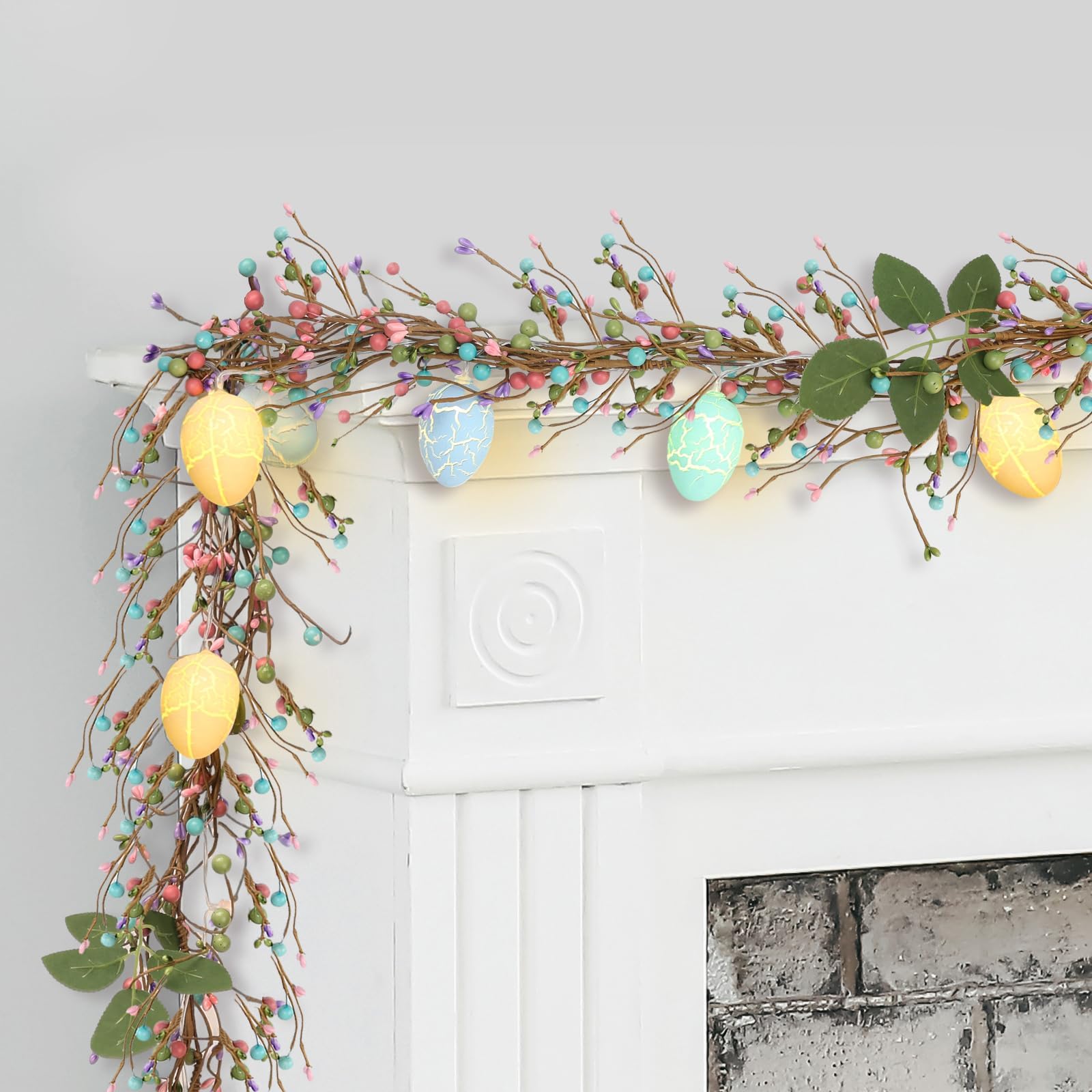 AKEROCK Easter Garland with Egg Lights and Mixed Berry - Bendable Spring Egg Garland with Lights for Home, Mantle, Front Door, Wall - Indoor/Outdoor