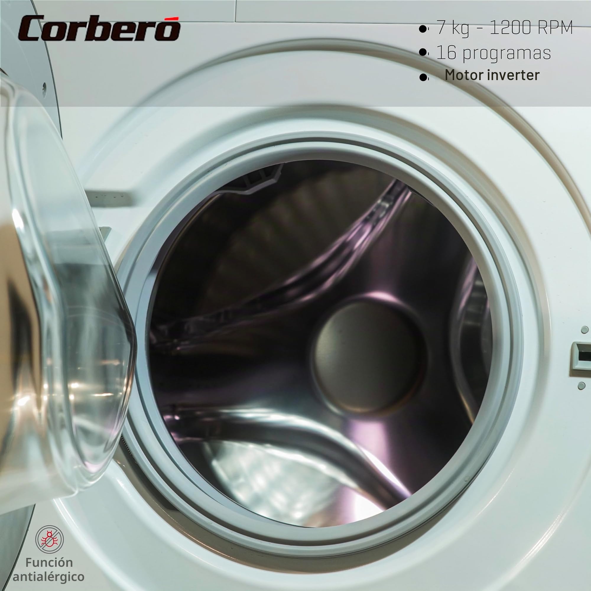 Corberó - Lavadora Carga Frontal Plus 7kg | CLT712VIN | 1200 Rpm | Motor Inverter | 16 Programas | Vapor Antialérgico | Inicio Diferido 3-24h | Lavado Rápido 15-30 Min | Puerta XXL | Blanco