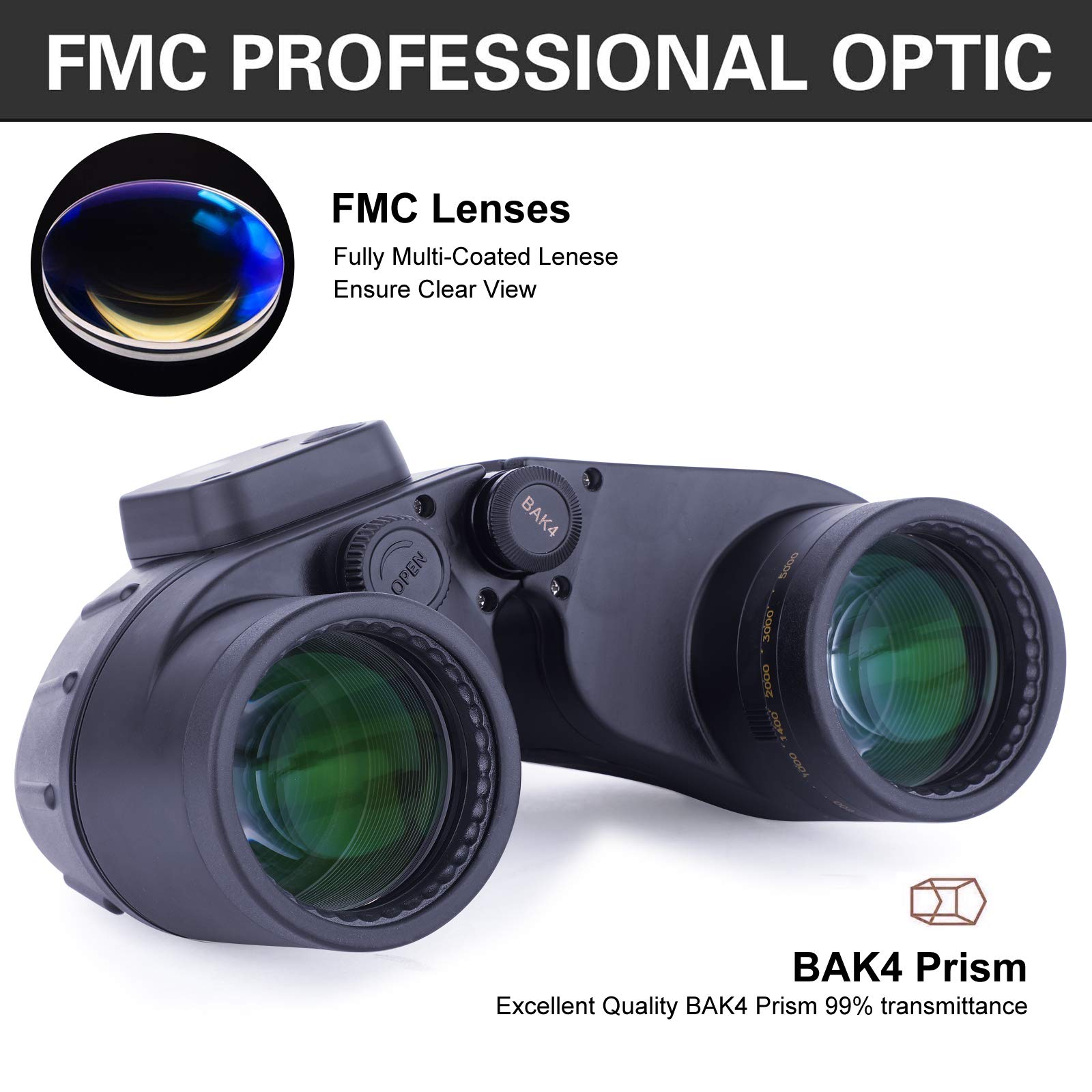 10x50 Binocolo Marino per Adulti, Binocoli Militare Impermeabile con Bussola Telemetro BAK4 Prisma Lente FMC Antiappannamento per la Navigazione Birdwatching Caccia