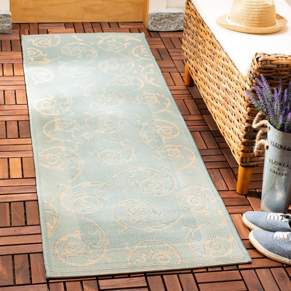 SAFAVIEH Washable Rug Outdoor Courtyard Collection - 2'3" x 10' Runner, Aqua Blue & Cream, Non-Shedding & Easy Cleaning, Ideal for Patio, Entryway, Mudroom, Hallway, Kitchen (CY6108-25)