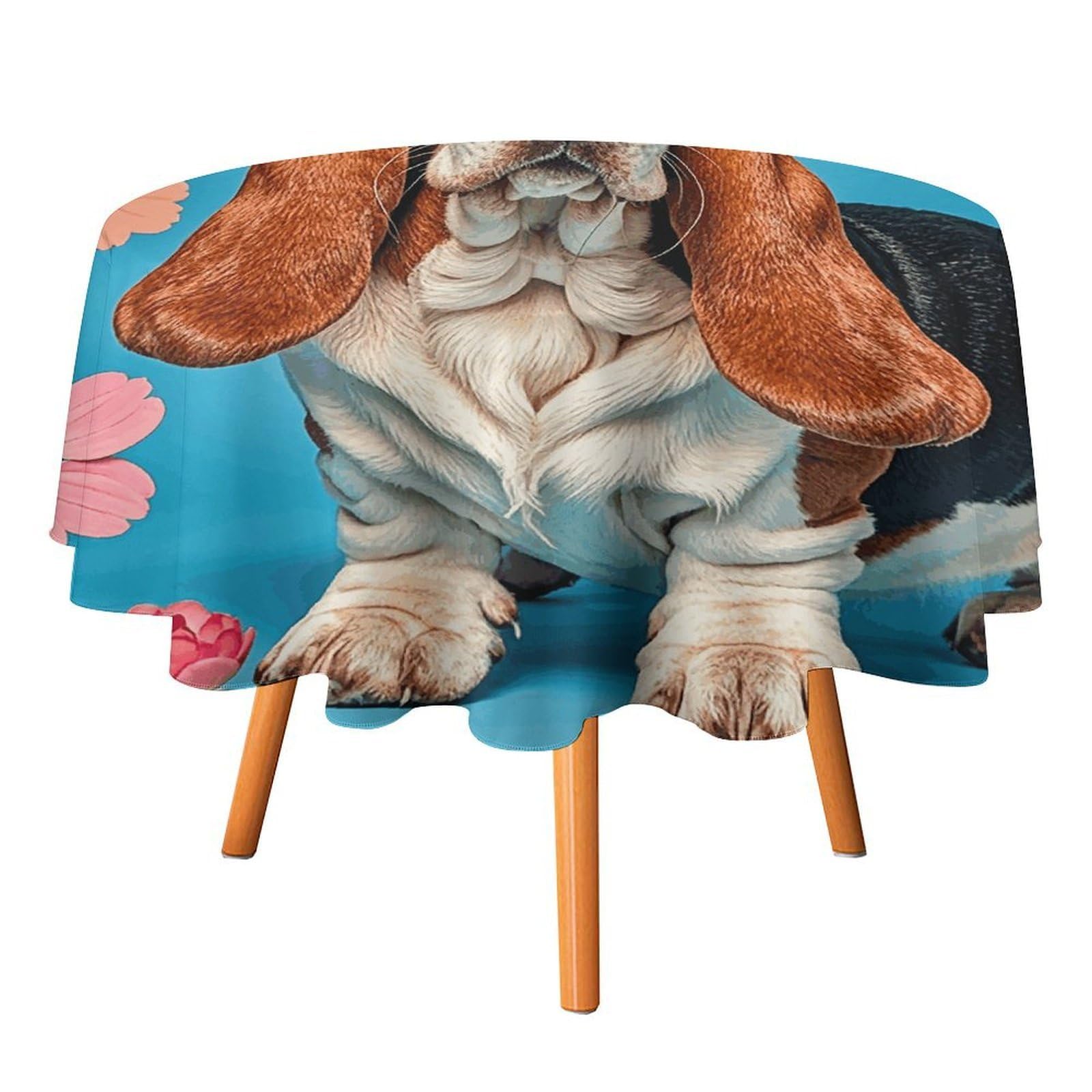 SMAZDFXX Sweet Basset Hound Florals Tablecloth 60x60in Round Table Cloth Durable Polyester, Washable Stain Resistant Table Cover for Indoor Outdoor (Picnic, Dining, Party)