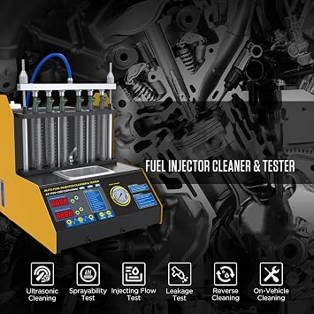 CT200 Ultrasonic Fuel Injector Cleaner and Tester Machine, 110V | Tests up to 6 standard 12V gasoline port injectors with leakage, spray-pattern and flow comparison for cars and motorcycles