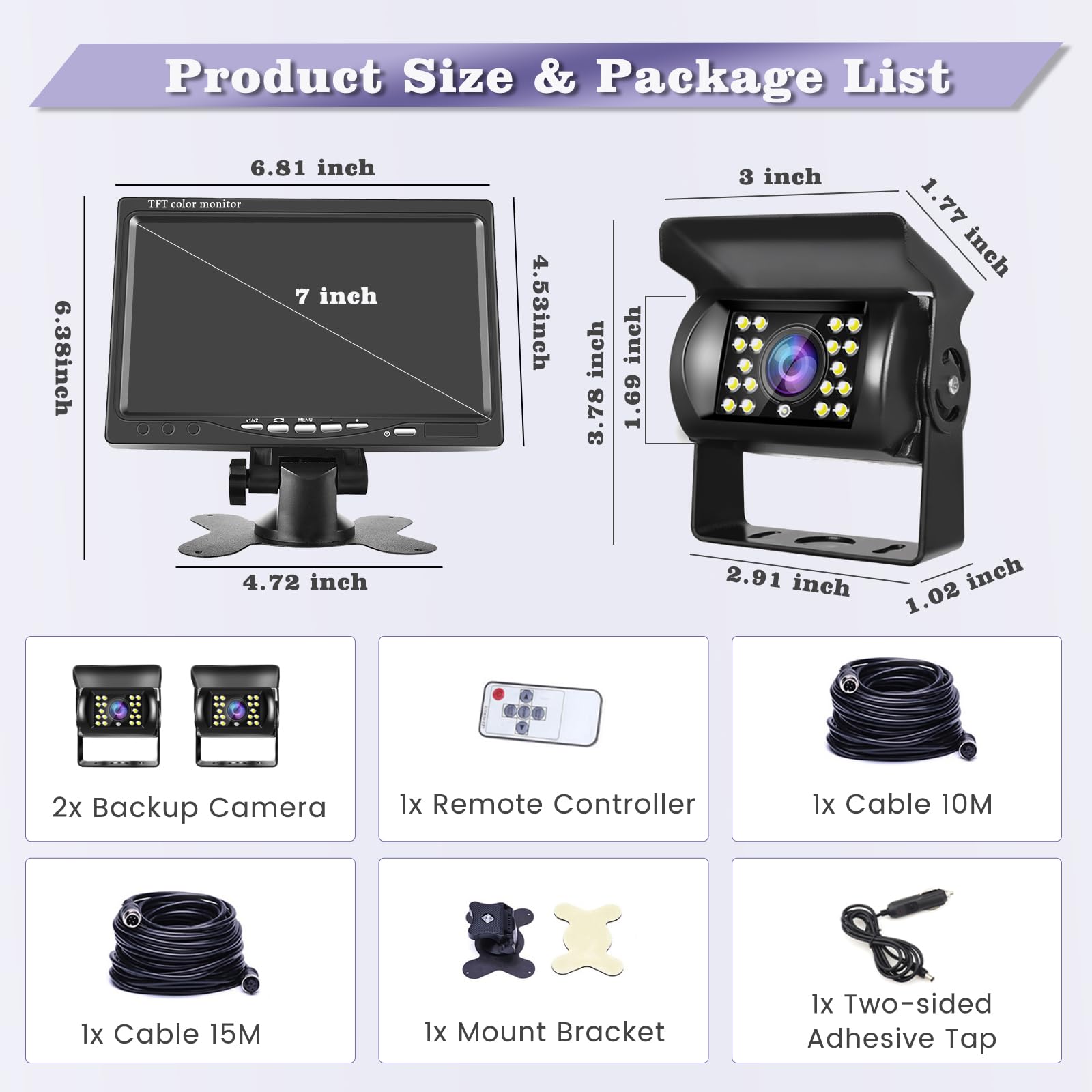 Inefala Kit de Cámara de Visión Trasera con 7 pulgadas HD Monitor a Color + 4 Pin 10M Cable y 15M Cable, 2 Impermeable de Visión Nocturna Cámara de marcha atrás para RV Camión Autobús Furgoneta 12V-24