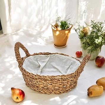Deconox El Yapımı Doğal Hasır Kulplu Çok Amaçlı Dekoratif Yuvarlak Sepet, Hasır Kulplu Ekmek Sepeti (27x8cm)