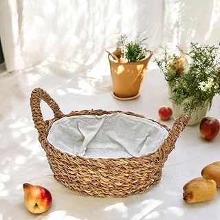 Deconox El Yapımı Doğal Hasır Kulplu Çok Amaçlı Dekoratif Yuvarlak Sepet, Hasır Kulplu Ekmek Sepeti (27x8cm)