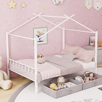 COSTWAY Kids Bed Frame, Double Size House Beds with 2 Foldable Drawers, Headboard & Footboard, Metal Floor Bed for Boys Girls, No Box Spring Needed White
