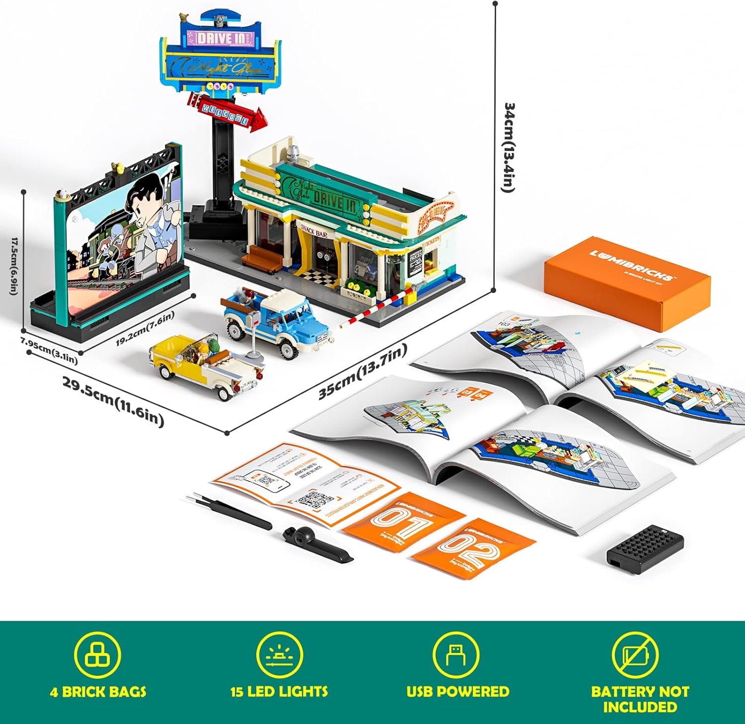 City Drive-in Theater Lighting-Building-Bricks-Set - Road Trip Night Glow Car Cinema Modular Collection LED Light Building Set 1760 Pcs for Adults, Teen and Travelling Enthusiasts