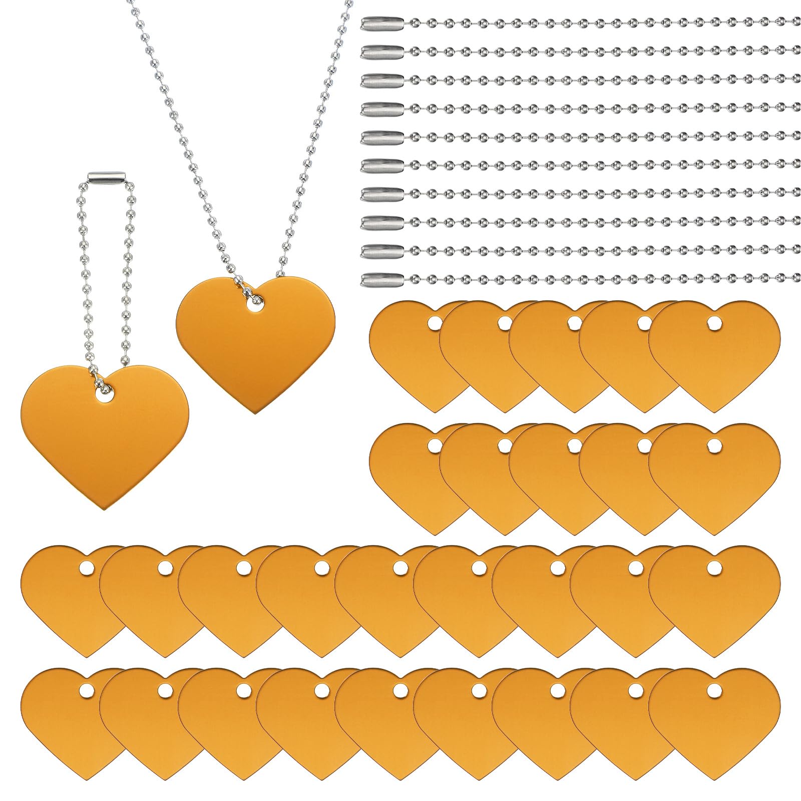 PATIKIL 60 Pcs Blank Dog Tags Set, Including 30 Pcs Aluminum Metal Stamping Heart Shape Label 30 Pcs Ball Steel Chain for DIY Decor Laser Engraving