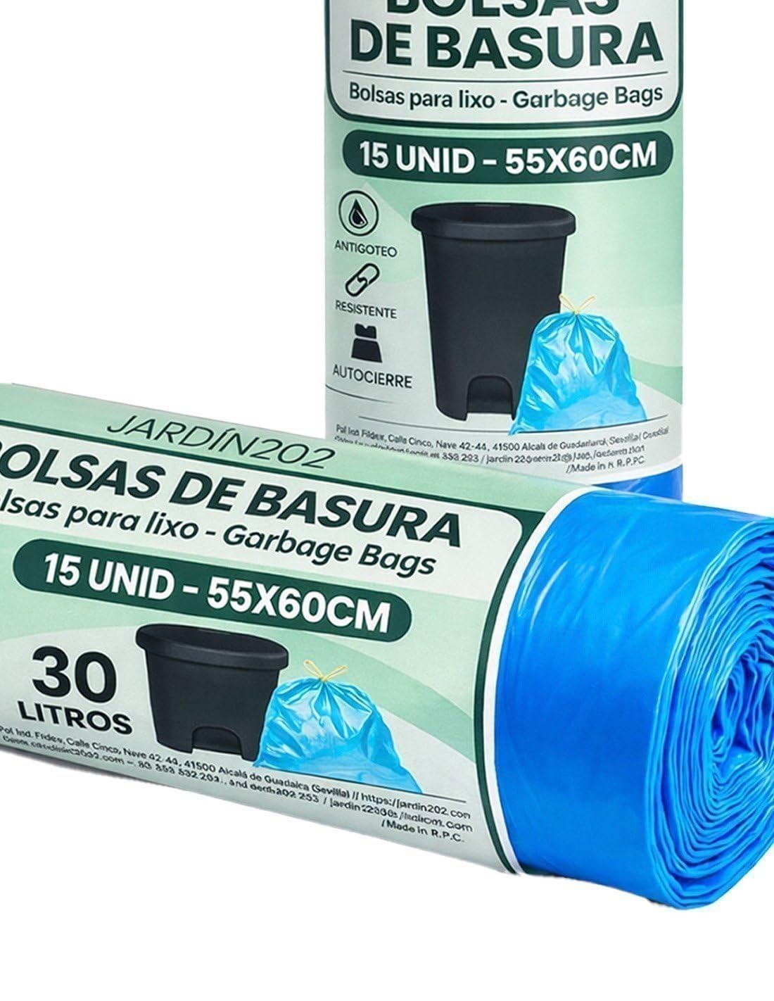 JARDIN202 - Bolsas de Basura 30L Antigoteo Perfumadas Cierre Facil Resistentes 55x60cm Rollo 15 Unidades para Cocina y Baño | Pack 30 uds