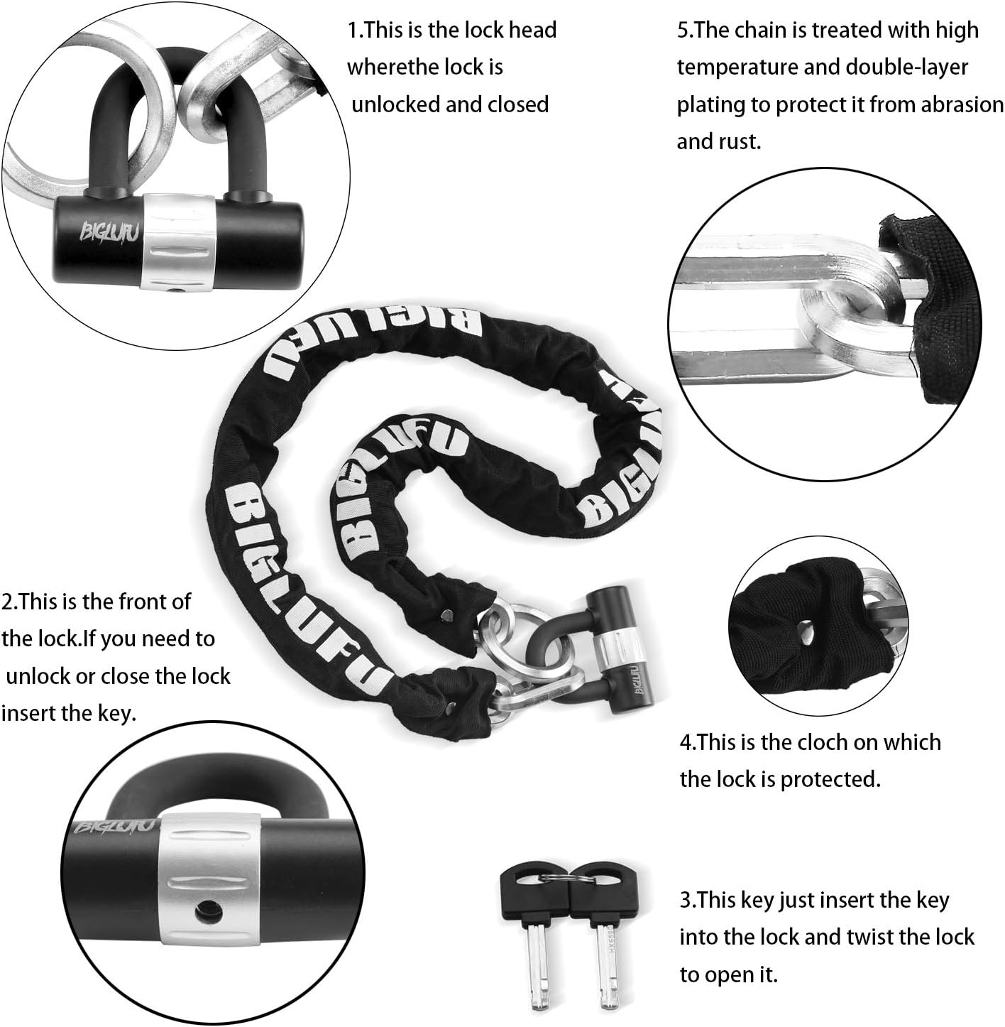 BIGLUFU Motorcycle Lock Chain Locks with 4Keys 16mm U Lock, 150cm/5ft Heavy Duty Long Chain, Cut Proof 12mm Thick Chains, Ideal for Motorcycles, Motorbike, Bike, Generator, Gates, Bicycle, Scooter : Automotive