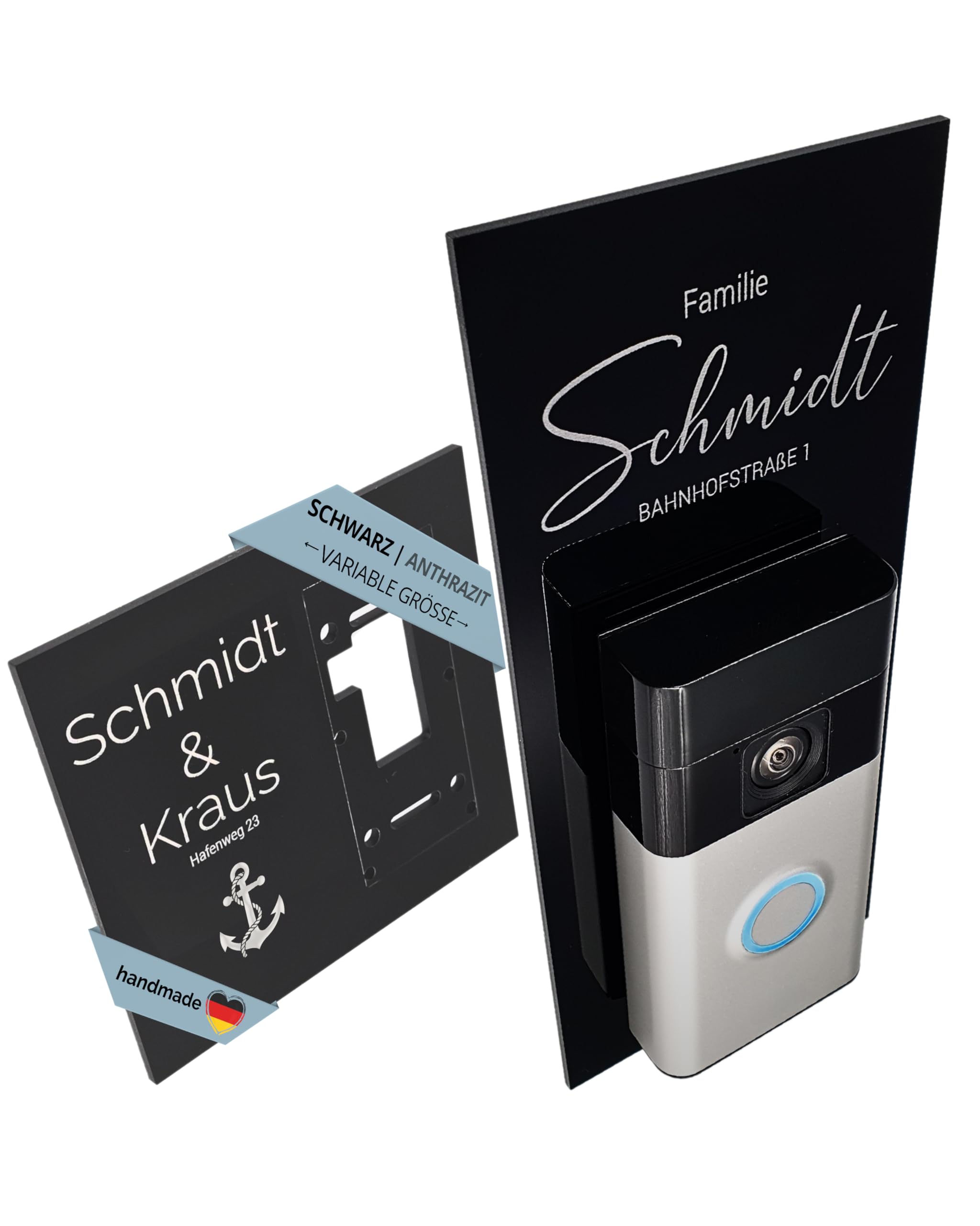 LazerlichtCraft Klingelschild für Ring Akku Videotürklingel/Battery Video Doorbell (2024), Pro & Plus personalisiert – Acrylglas Blende mit Wunschgravur – Schwarz glänzend oder Anthrazit matt