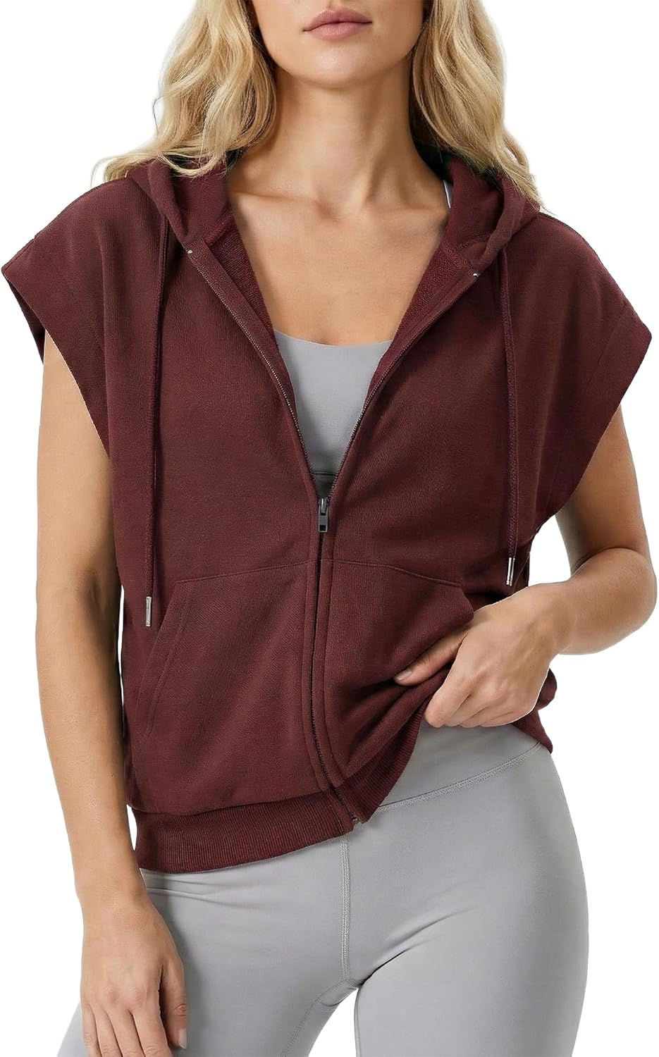 GIVON Womens Lightweight Hooded Vest Sleeveless Full Zip-Up Hoodie Drawstring Sweatshirt with Kanga Pockets
