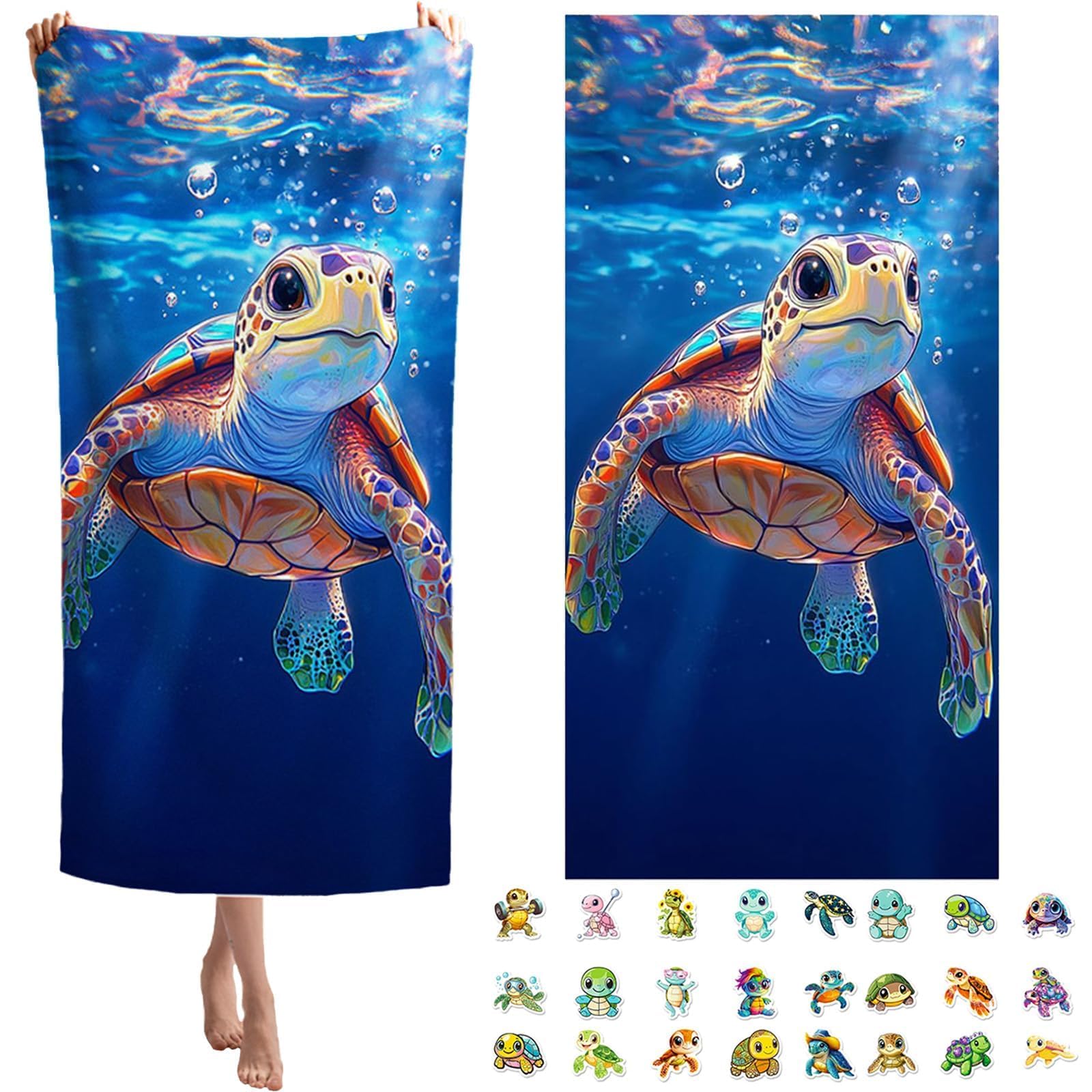 LHLZNB 26PCS Blue Turtle Beach Towel 70x140cm Set, 1 Sand Free Towel with 25 Turtle Stickers for Travel Gym Swimming Gift