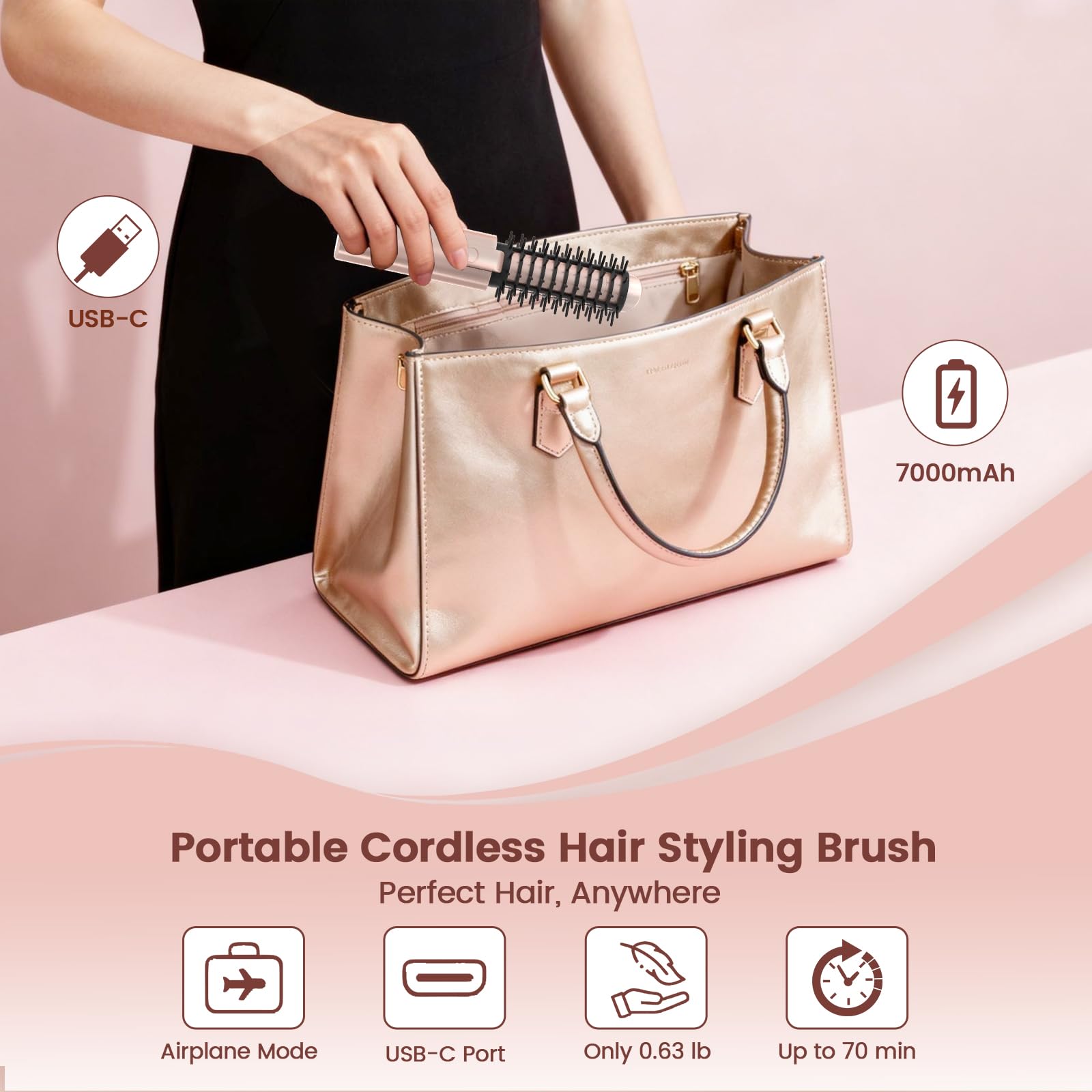 Youbella Cepillo rizador de cabello inalámbrico, rizador de pelo portátil de viaje, mini cepillo redondo calentado de 1.5 pulgadas, varita alisadora recargable por USB 3 en 1 para peinar y alisar, 200