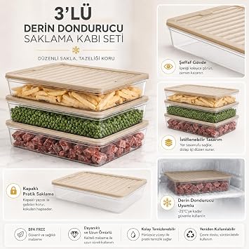 Derin Dondurucu 3 Parça Plastik Saklama Kabı Seti, 7200ml, Buzluk Düzenleyici Şeffaf Kap, Buzdolabı Gıda Erzak Kapaklı Depolama Kutusu, 2400ml x3 (Bej, 7200, Mililitre)