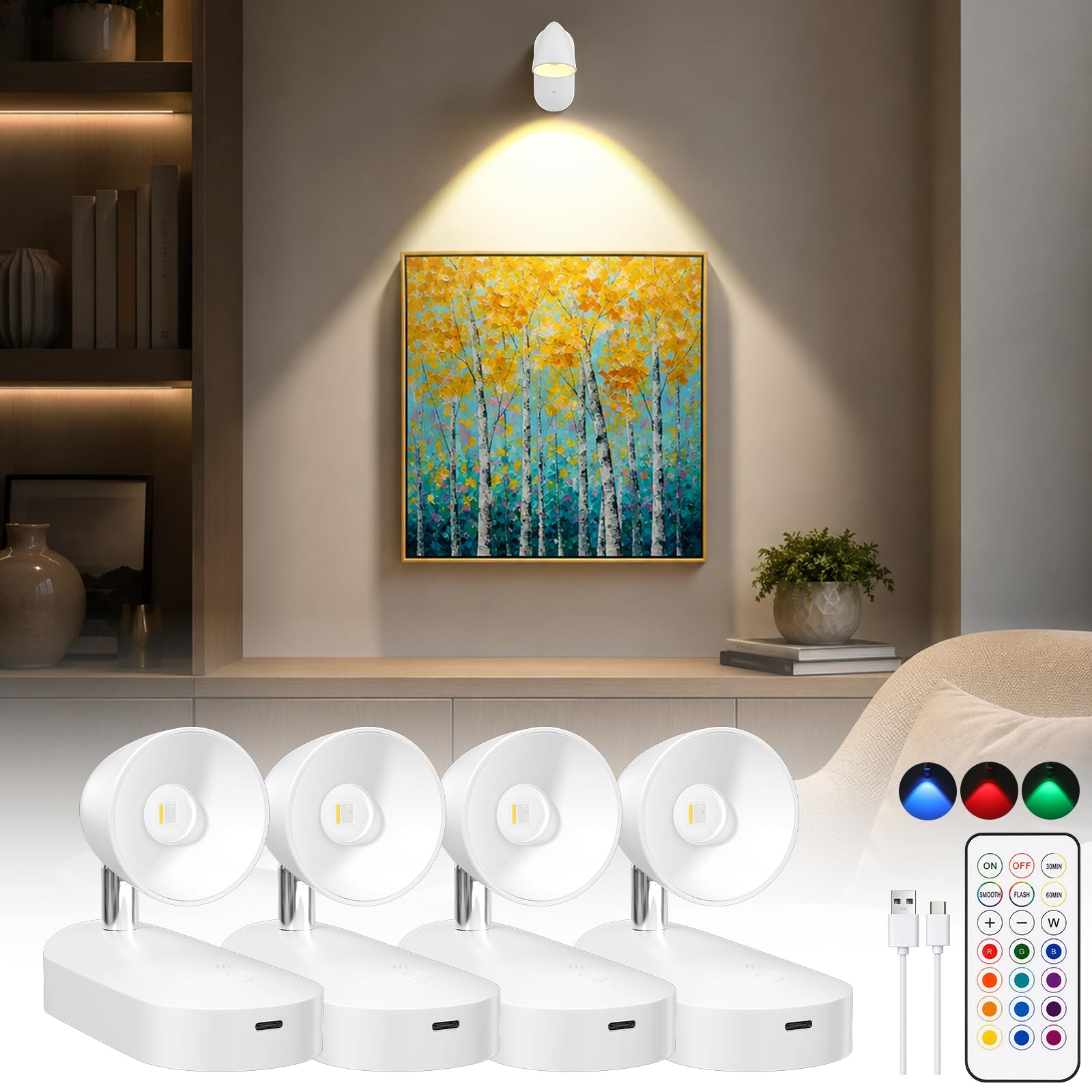 GOODEA RGBW Rechargeable Wall Spot Lights with Remote, Up to 90H, 4000mAh