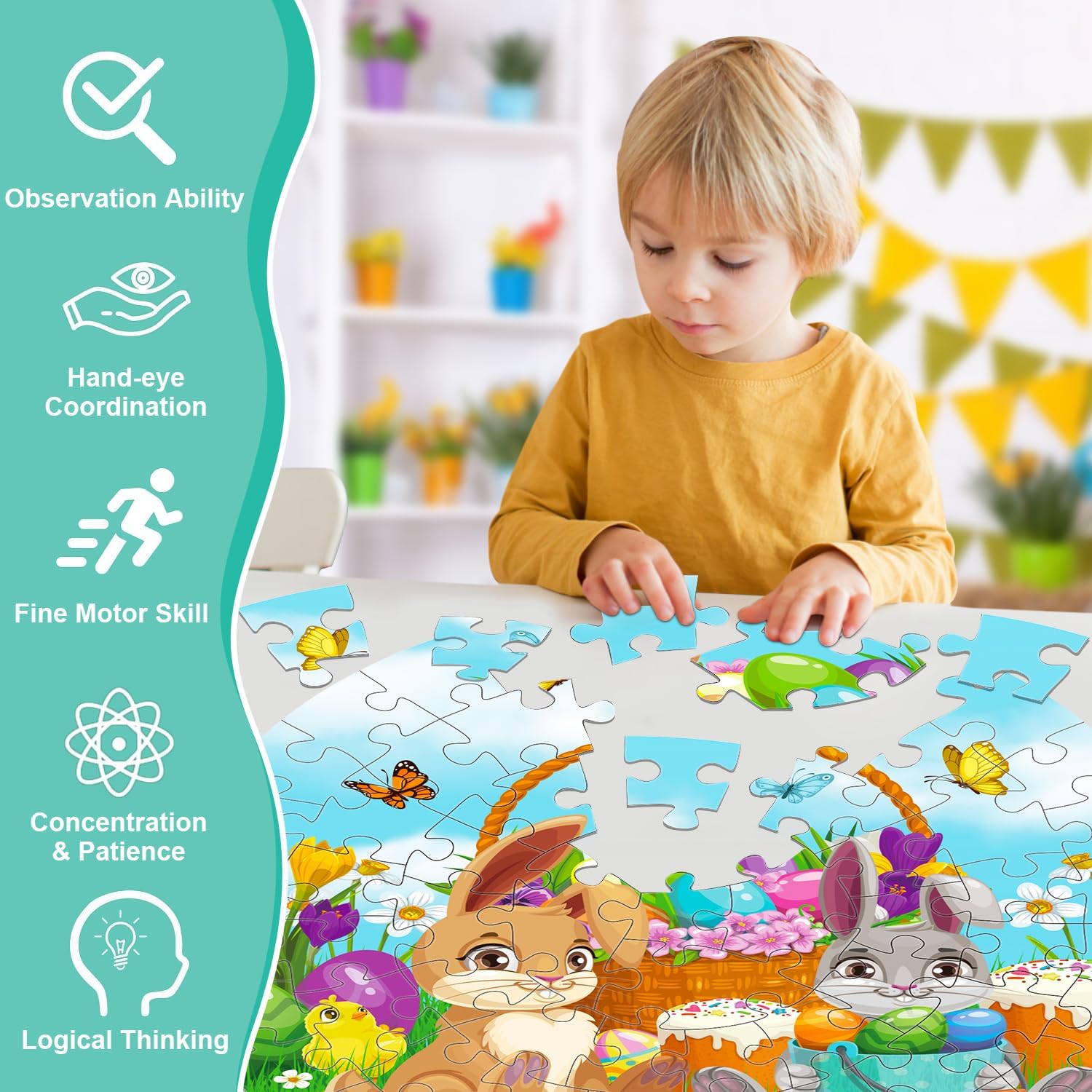 70pcs Easter Floor Puzzles for Kids Age 3-8, Easter Basket Stuffer Gifts for Kids Boy Girls Jumbo Bunny Puzzles Egg Hunt Party Favors