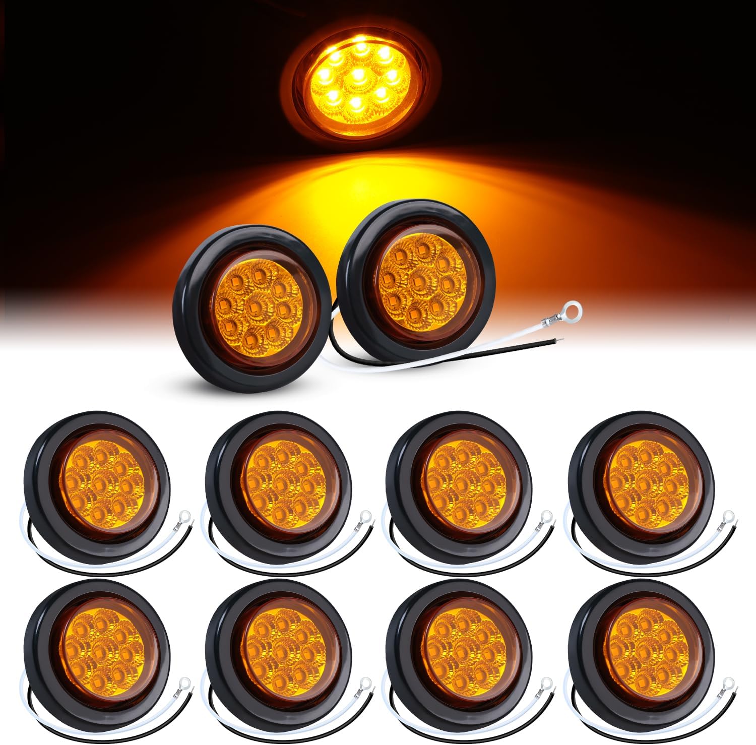 TMH Pack of 10 2" Round Amber Led Marker Lights with Reflectors Clearance Pigtail Lights/w Rubber Sealed Waterproof Side Marker Light for Truck Trailer 12V DC