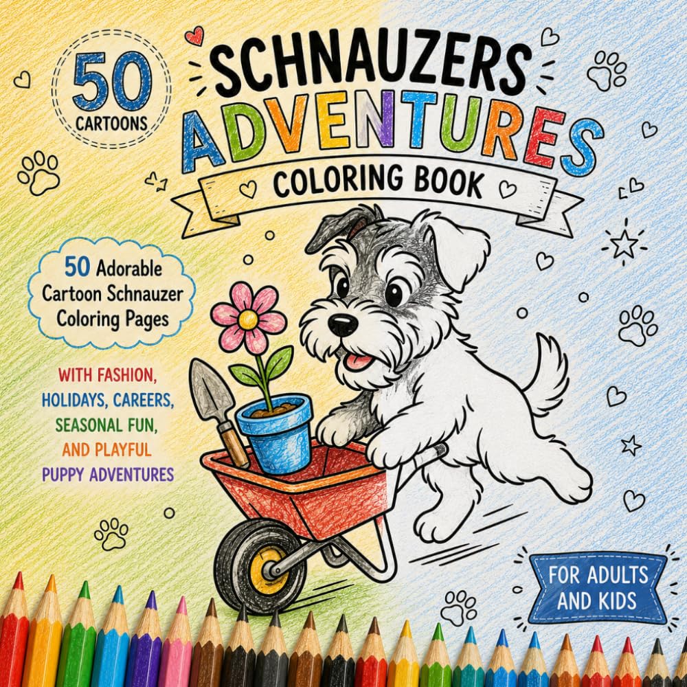 Schnauzers Coloring Book: Cute Cartoon Schnauzer Puppies in Fun Outfits, Funny Jobs, Holidays, Cozy Seasons, and Adorable Everyday Adventures (Cozy Dog Adventures Coloring Book Series)