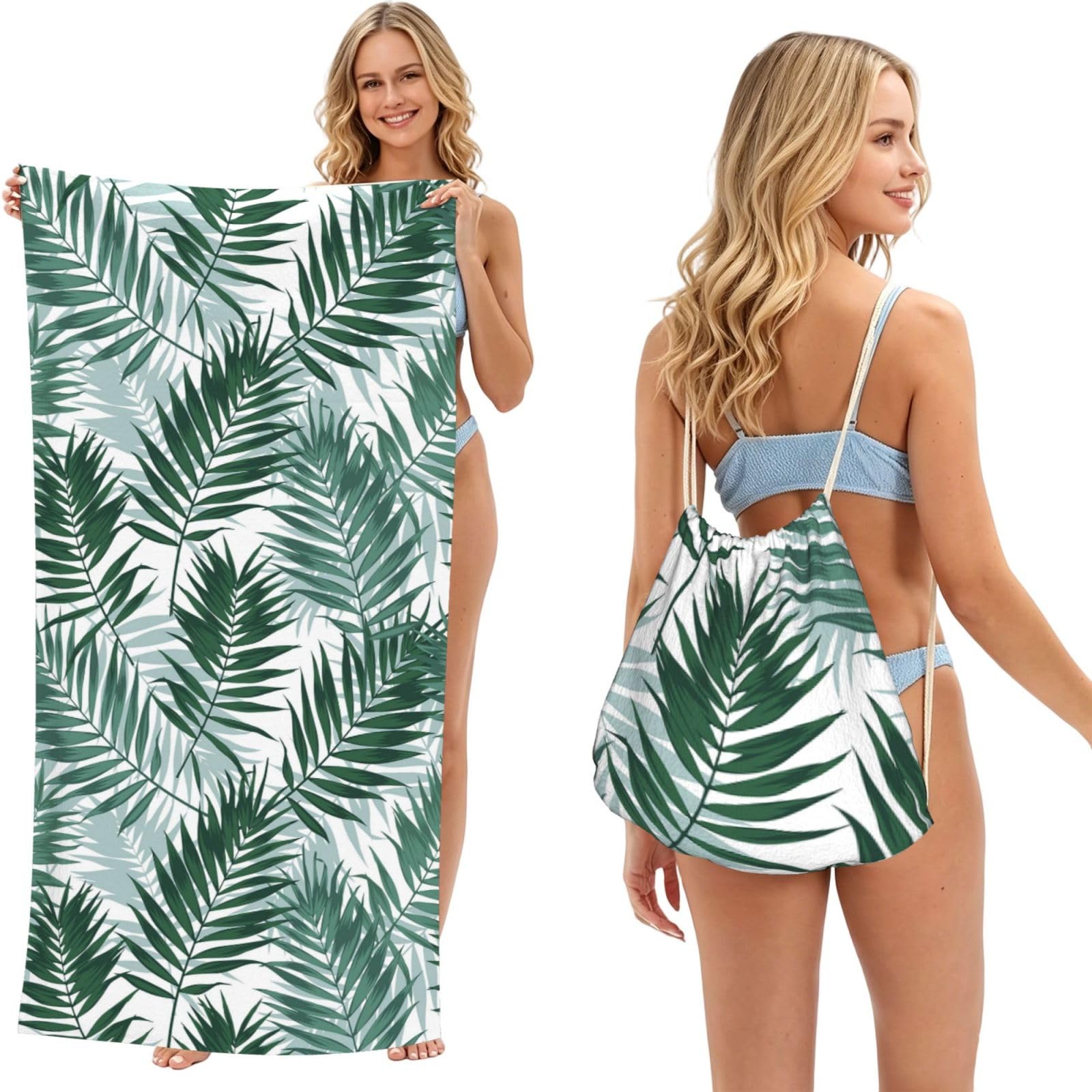 Poadnly As Picture Tropical Jungle, Seamless Pattern With Palm Leaves, 2 In 1 Packable Towel Bag, Beach Towels With Drawstring Backpack For Travel Holiday Camping