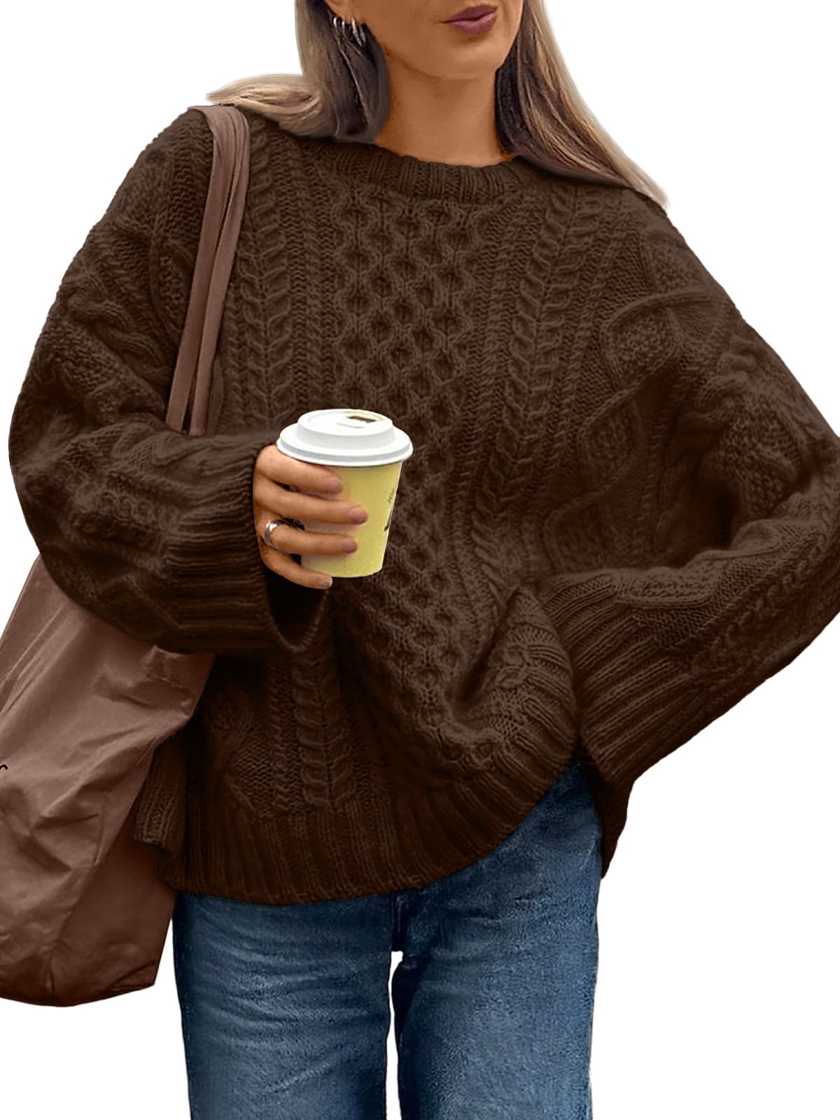 trendy queen Oversized Cable Knit Sweaters for Women Trendy 2026 Fall Fashion Outfits Pullover Crewneck Sweaters Tops-picture-11