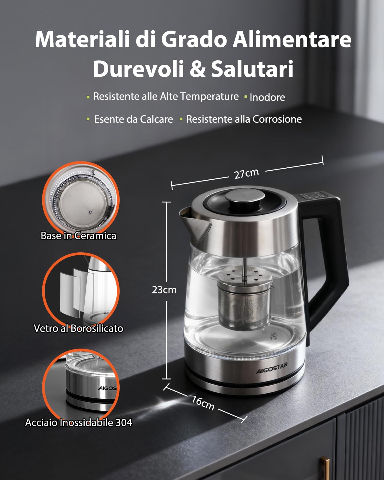 Aigostar Bollitore Elettrico Temperatura Regolabile, Rivestimento Ceramico | Anticalcare, 1,7 Litri, 2200W, Senza BPA, Teiera Elettrica con Infusore, Ebollizione Rapida, Funzione di Mantenimento Calore