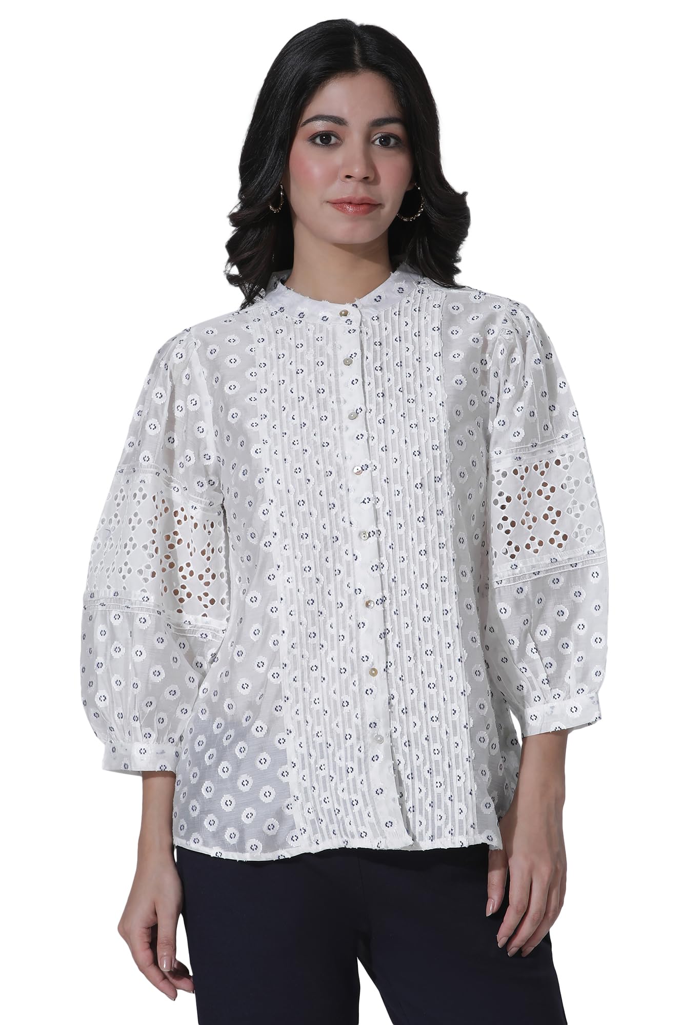 w for woman White Schiffli Button Down Western Top-picture-38