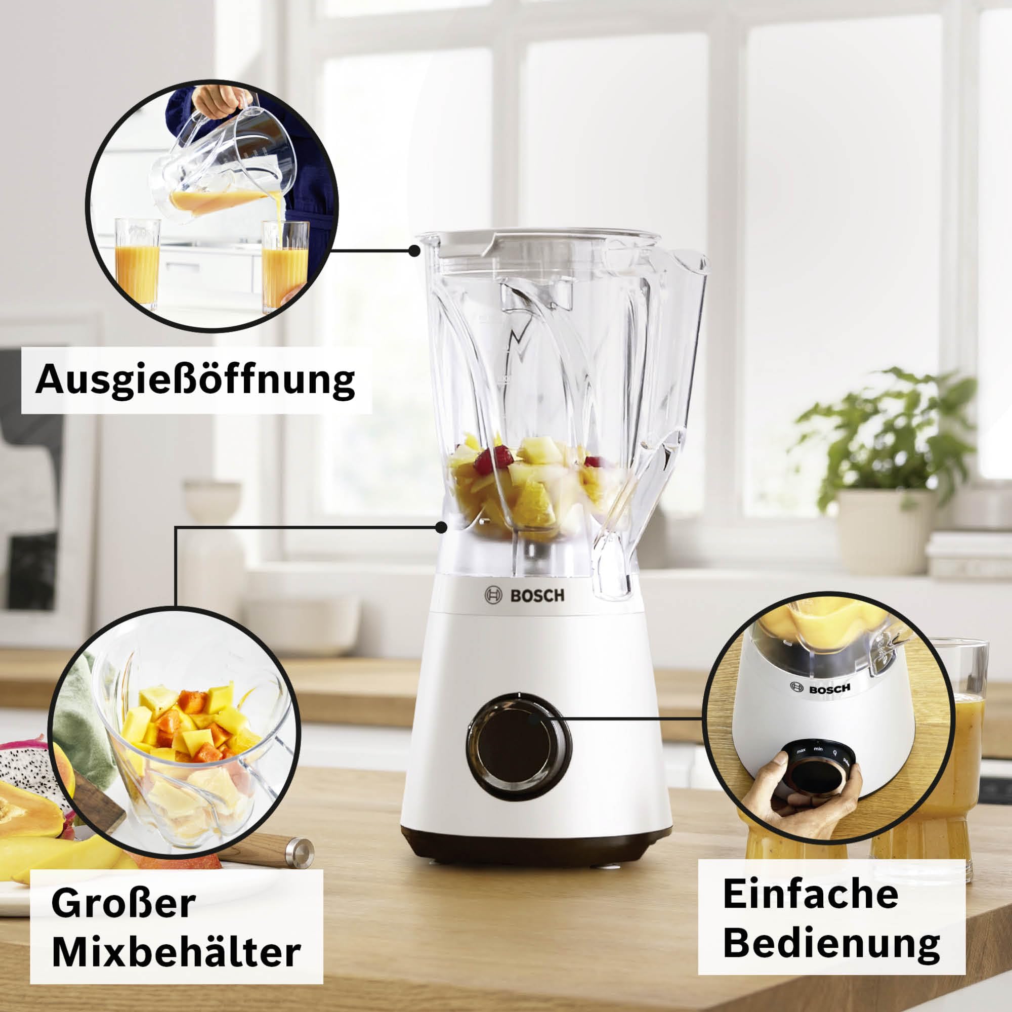 Bosch Standmixer Smoothie Maker, 1200 W, 1,5l Kunststoff-Mixbehälter, weiß, spülmaschinenfeste Teile, 30.000 U/min, Made in Europe, VitaPower Serie 4 MMB6141W