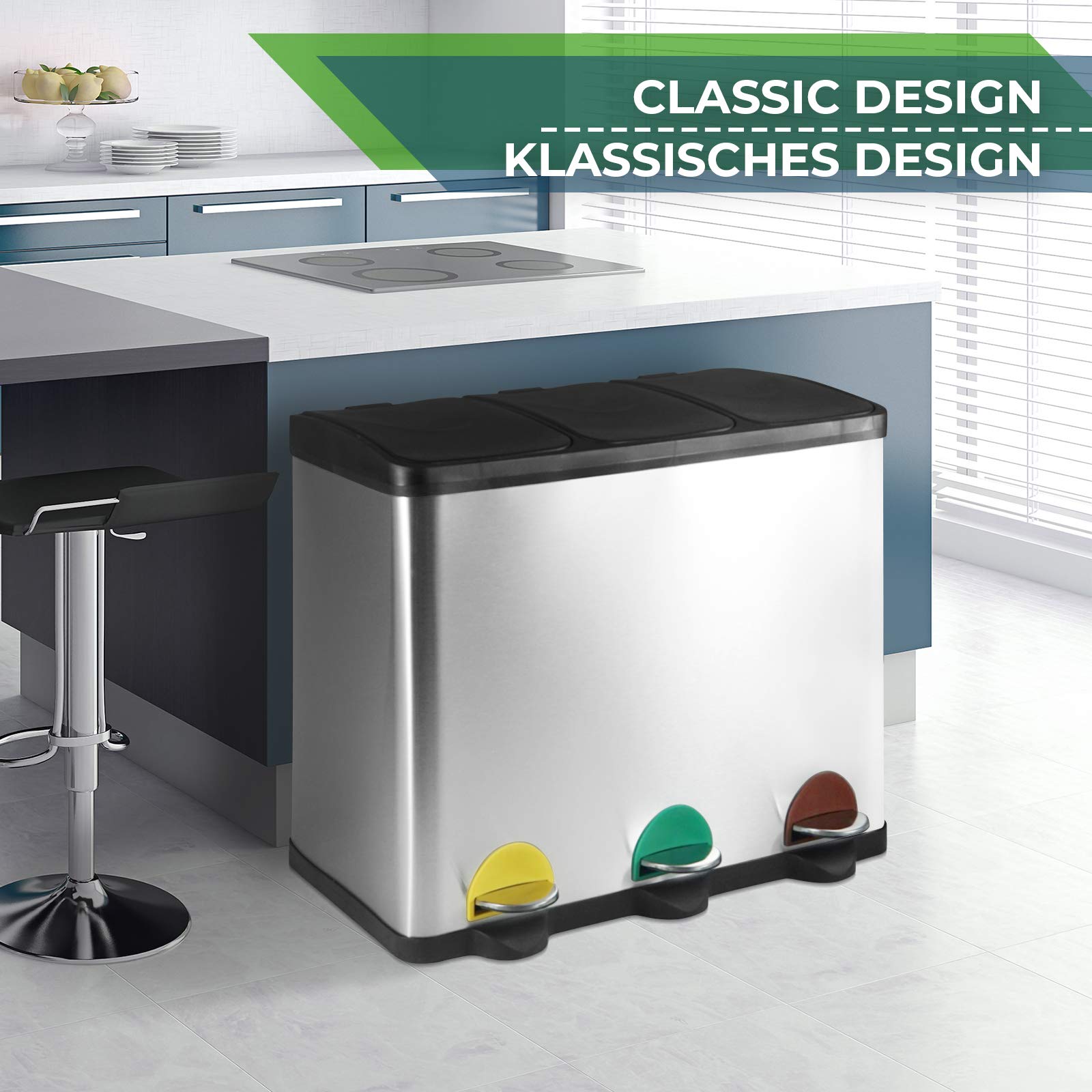 Jago® Mülleimer – 16/24/45/60 Liter - 2 oder 3 fächer, Edelstahl, mit Inneneimer, Handgriff, Deckel, für Küche-Abfalleimer, Mülltrenner, Mültrennsystem, Abfallsammler, Treteimer (60 Liter (3 x 20L))