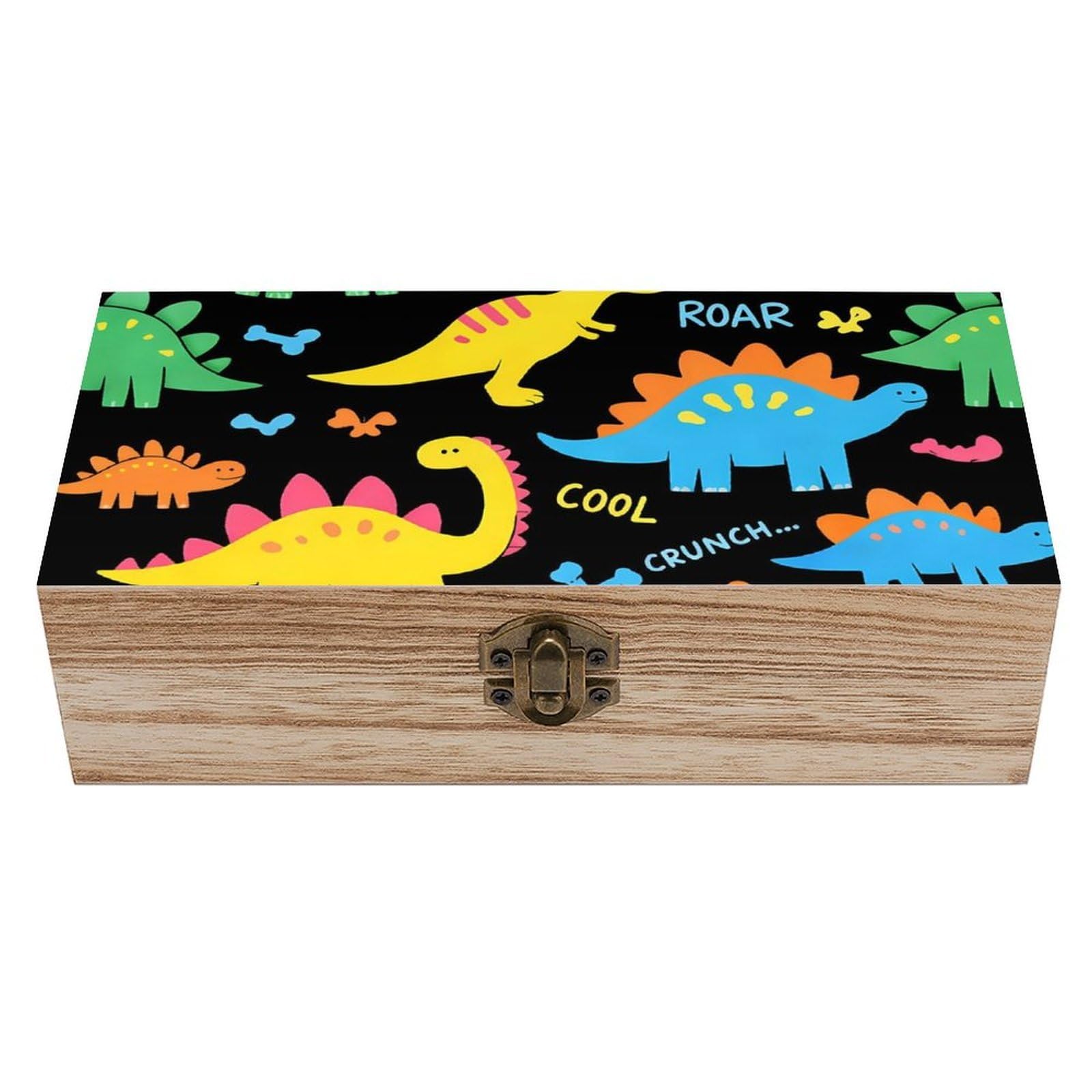 SMAZDFXX Colorful Dinosaur Black Wooden Storage Box With Hinged Lid Decorative Front Clasp Keepsake Boxes