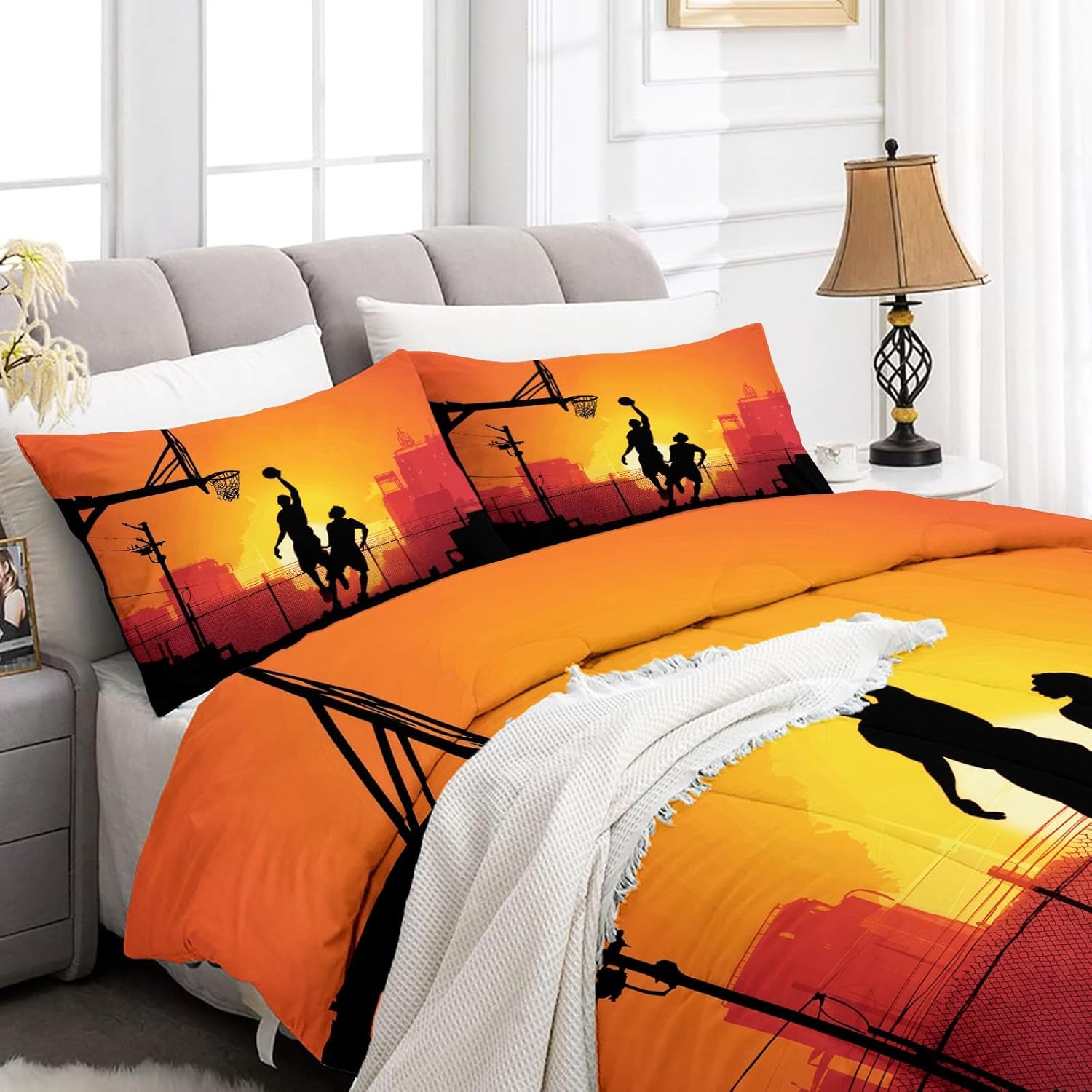 Silhouette Basketball Sunset Comforter Set Twin XL, Bedding Set for Kids and Adults, Orange Color Duvet Set Bedding Decor, Soft Quilt Set with 1 Pillowcase