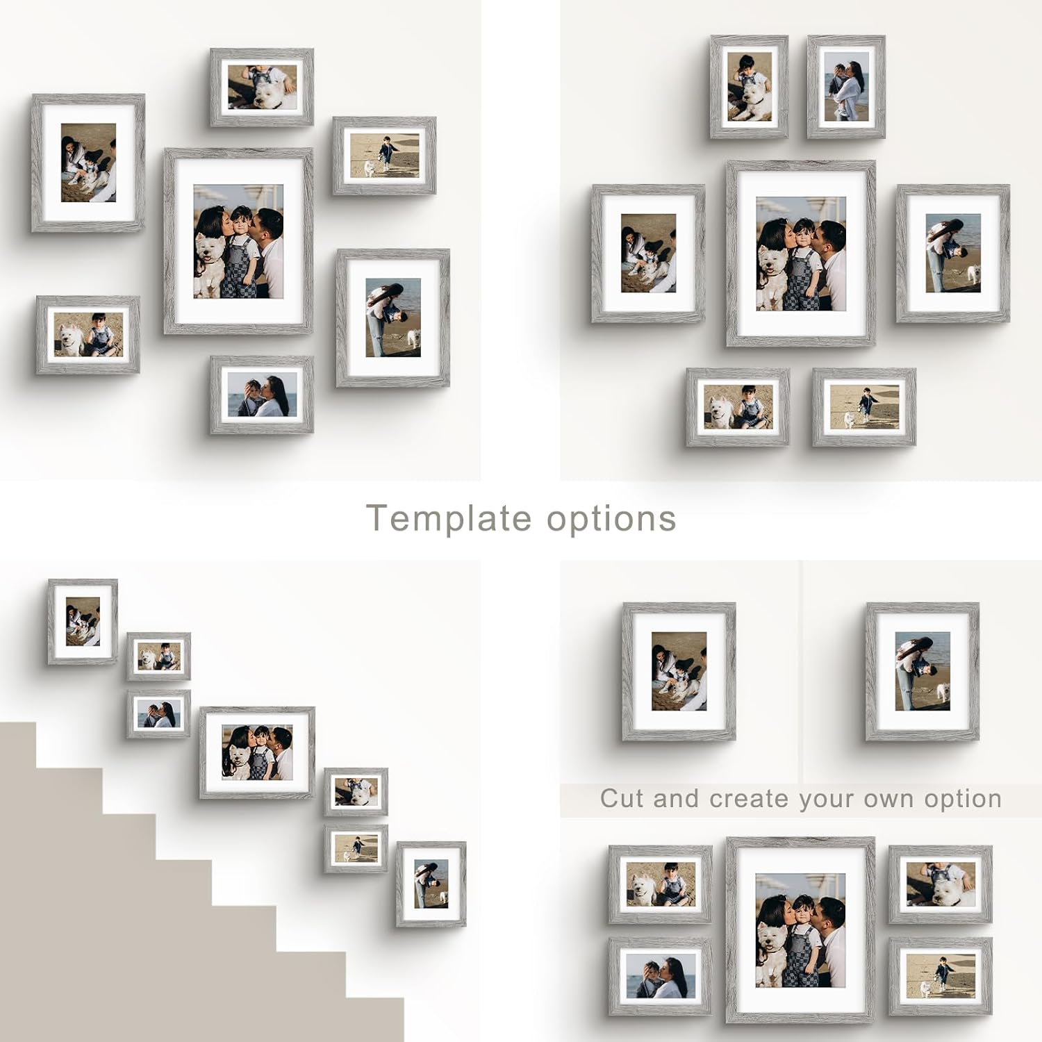 Frametory, Gallery Wall Frame Set of 7 Multiple Sizes 11x14, 8x10, 5x7 Picture Frame Collage with White Mat for Prints, with Real Glass (Grey)