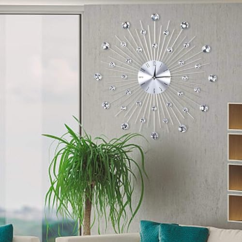 Miniatura 3 de Reloj de pared de metal plateado, reloj de pared moderno con diamantes de cristal, esfera artística, reloj de pared silencioso de cristal 3D para