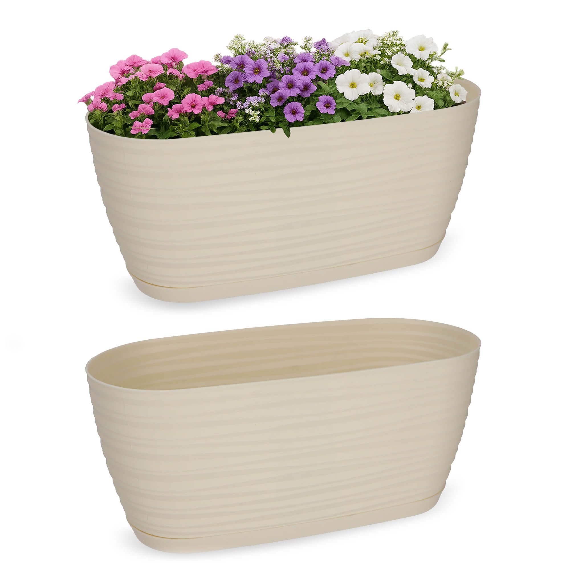 KADAX Blumentopf mit Untersetzer, Blumenkübel, Pflanzkübel für Innen, Leichter Pflanztopf aus Kunststoff, Übertopf für Blumen, Pflanzen, Haus, Zimmer, Pflanzgefäß (27cm, Creme)