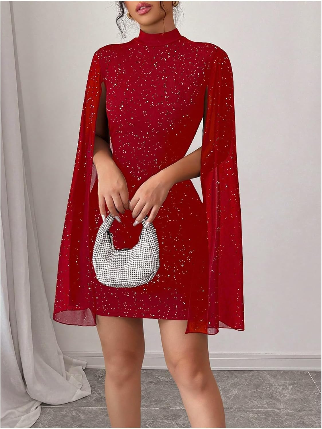 Women's Sexy Glitter Mini Dress Mock Neck Cloak Sleeve Cocktail Shimmering Elegant Dresses Wedding Guest Party Evening - Image 4