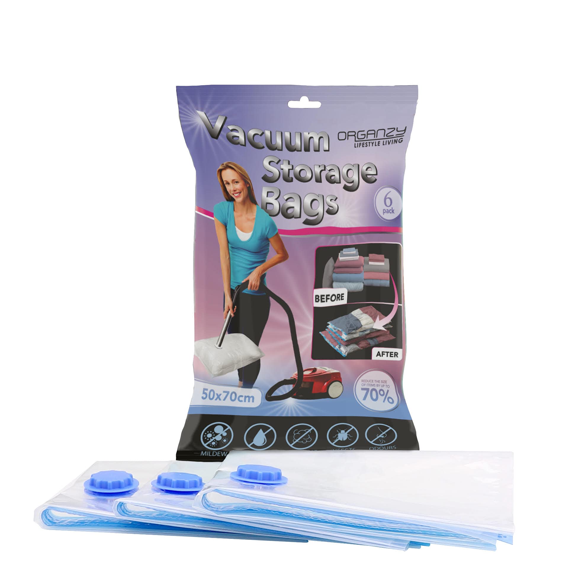Organzy Vacum Storage Bags. 80% More Storage for Max Space Saving ! - Mould Moisture&Bug Proof - Double Zip High Sealing 50 x 70cm (Small 6 Pack)