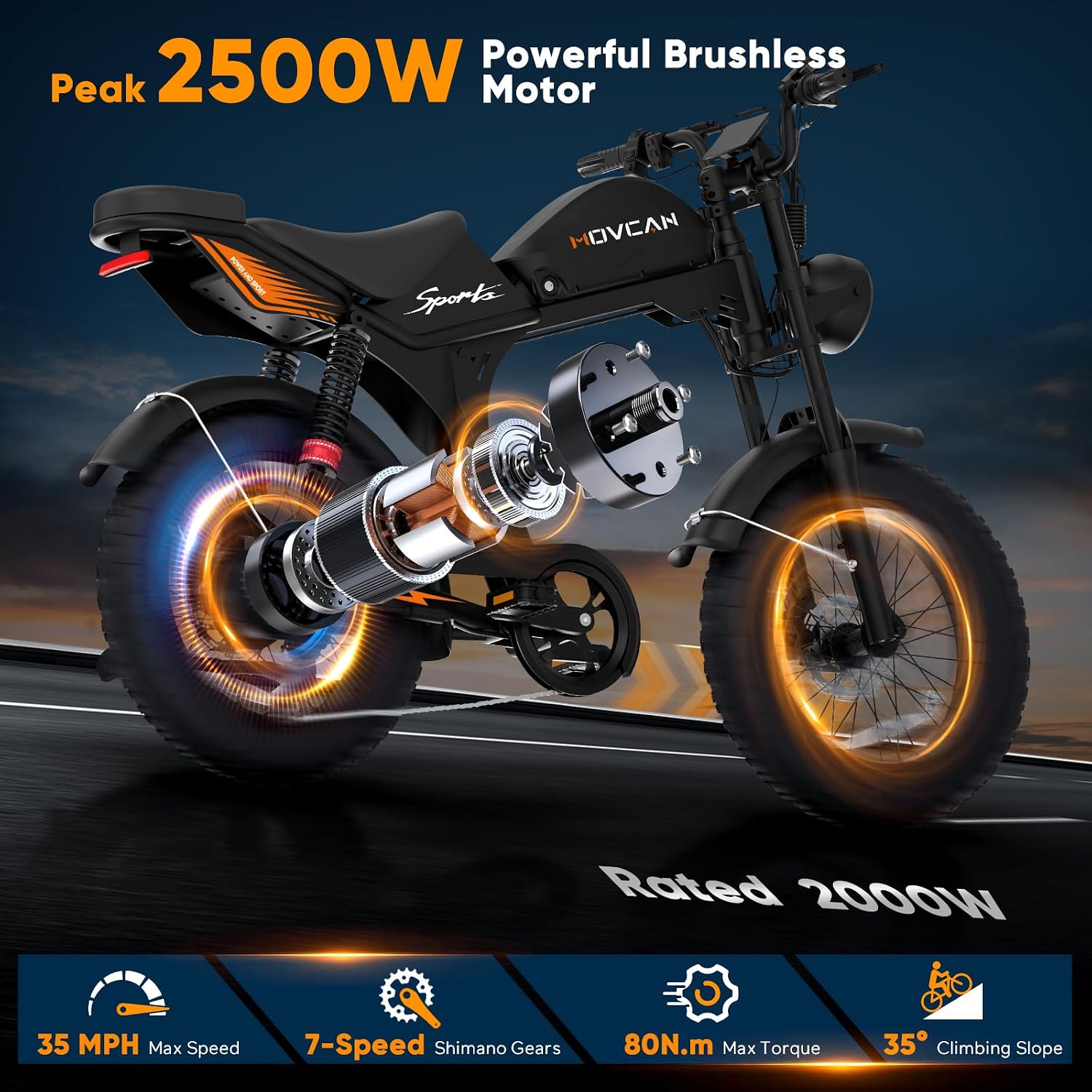 Movcan V70 Electric Dirt Bike for Adults,2000W Motor Peak 2500W Up to 35MPH,52V 23.4Ah Removable Battery,20” Fat Tire Ebike, Phone Holder 7 Speed Dual Hydraulic Brake Electric Motorcycle Bikes