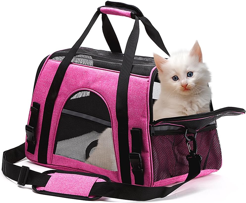 Pet Carrier Airline Approved Collapsible Soft Pink Cat