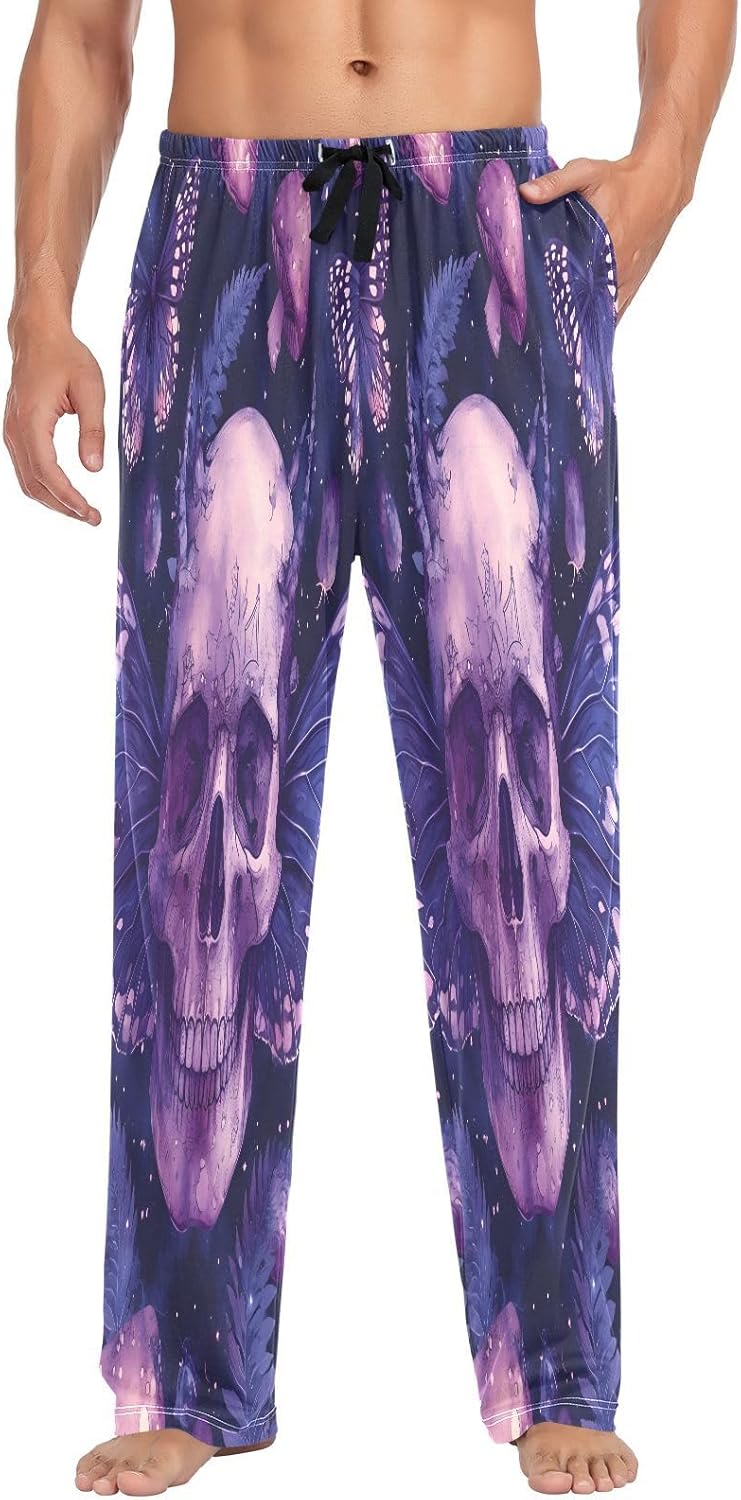 ALAZA Skull Moon Butterfly Men's Pajama Pants Men Cotton Pajama Bottoms with Pockets, S