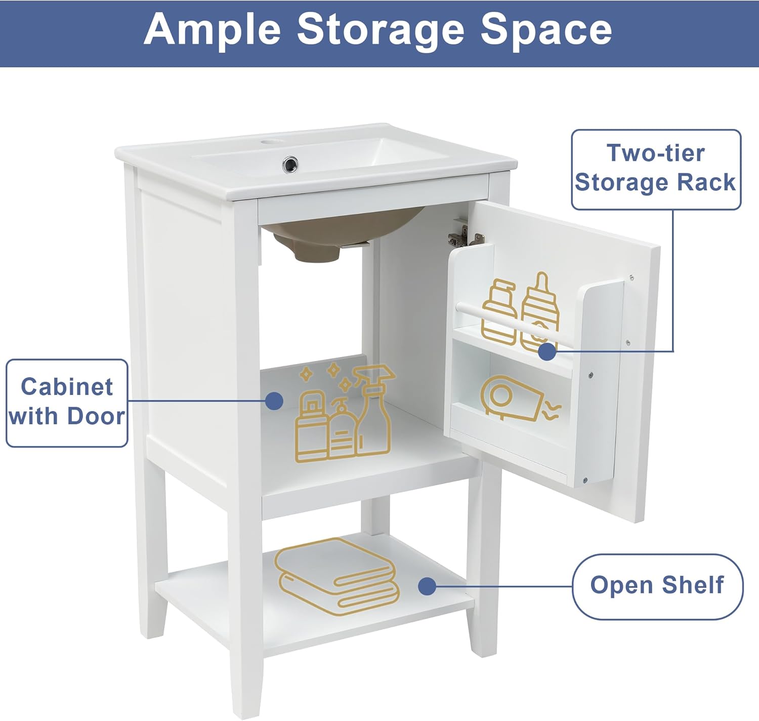 20" Bathroom Vanity Cabinet with Ceramic Sink Top Set, Freestanding, Two-Tier Storage Rack, Soft Closing Door, White