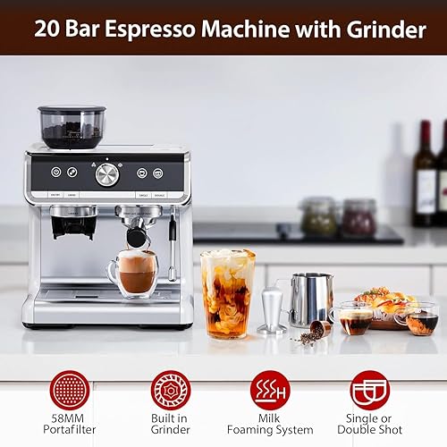 Miniatura 5 de Máquina de café espresso semiautomática - Máquina de café profesional de 1450 W20 bar, 30 ajustes de molinillo, calentamiento rápido, varita de