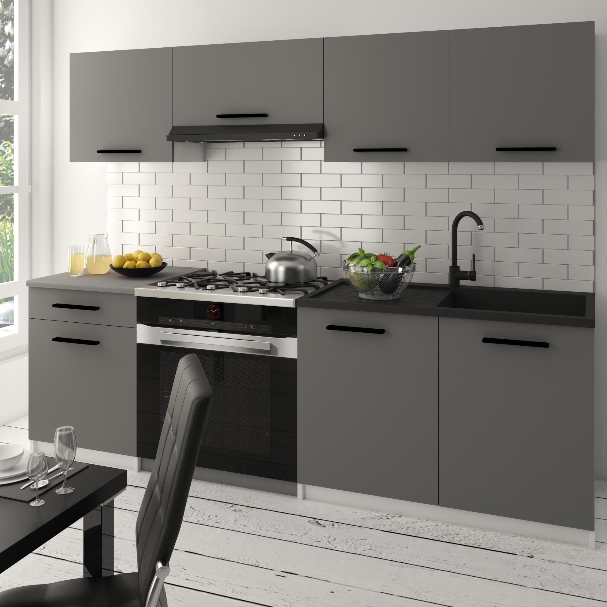 Belini Italia 1 Küchenzeile Küchenblock 180cm Grau Matt | Küchenset als gerade Küchenzeile, weiße Korpusse, DECOR ECONATURA Material, kratzfest, ohne Elektrogeräte, mit Arbeitsplatte