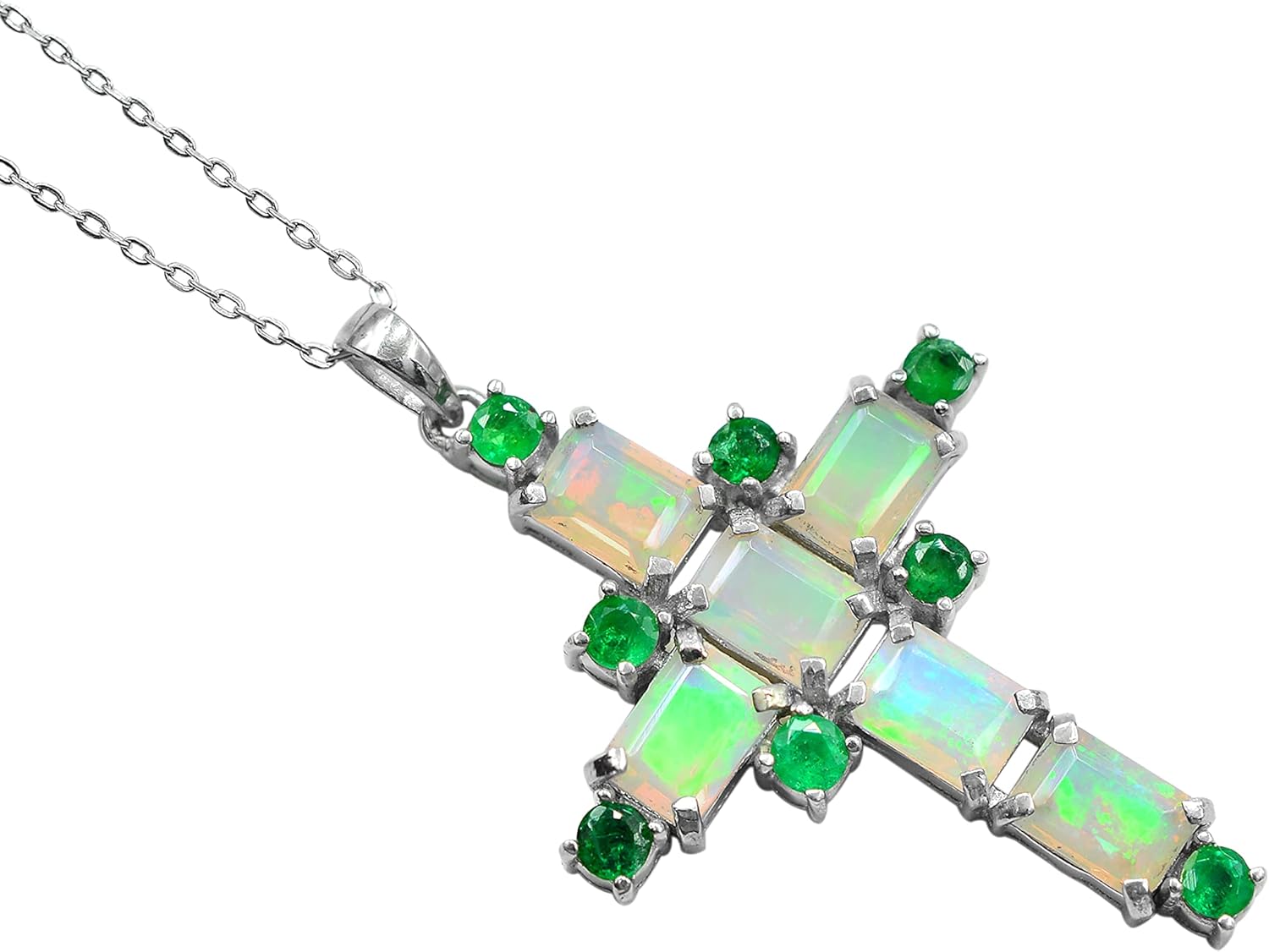 Natural Ethiopian Welo Opal Cut & Zambian Emerald Gemstone Holy Cross Pendant Necklace 925 Sterling Silver October Birthstone Women Jewelry Birthday Gift For Her (PD-8402)
