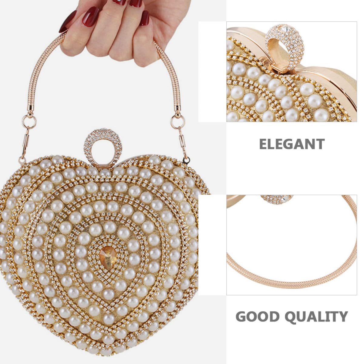 Borsa da Sera Elegante a Forma di Cuore in Poliestere e Metallo Oro Decorata per Matrimonio e Feste, Borsetta da Donna Piccola e Raffinata